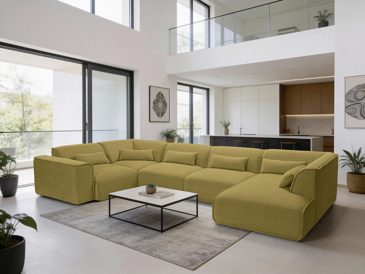 WOHNLANDSCHAFT Flachgewebe Senfgelb  - Senfgelb/Schwarz, Design, Kunststoff/Textil (211/368/165cm) - Lomoco