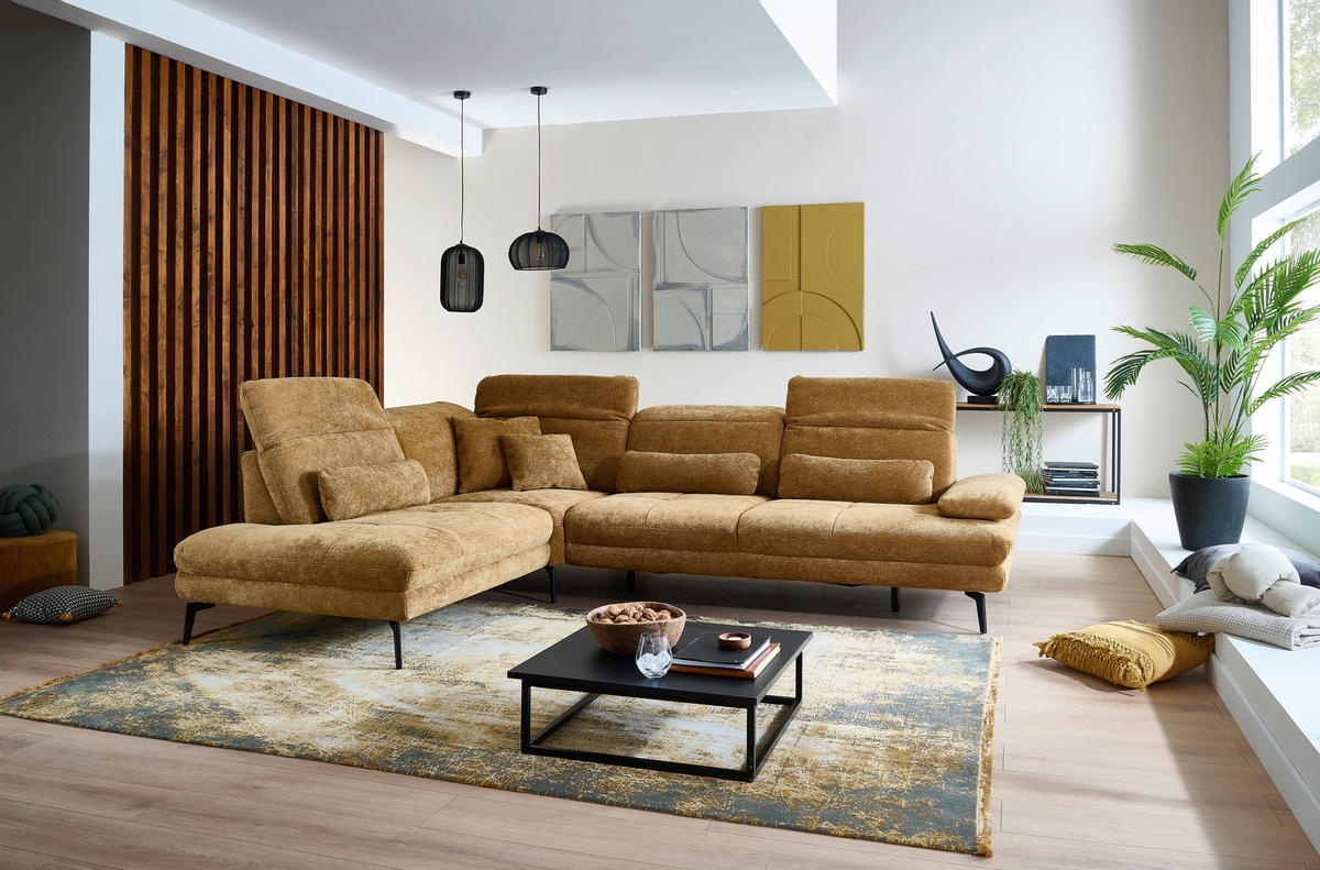 ECKSOFA Beldomo System Dunkelgelb Chenille Rücken echt, Kopfteilverstellung  - Dunkelgelb/Schwarz, Design, Textil/Metall (235/311cm) - Beldomo System
