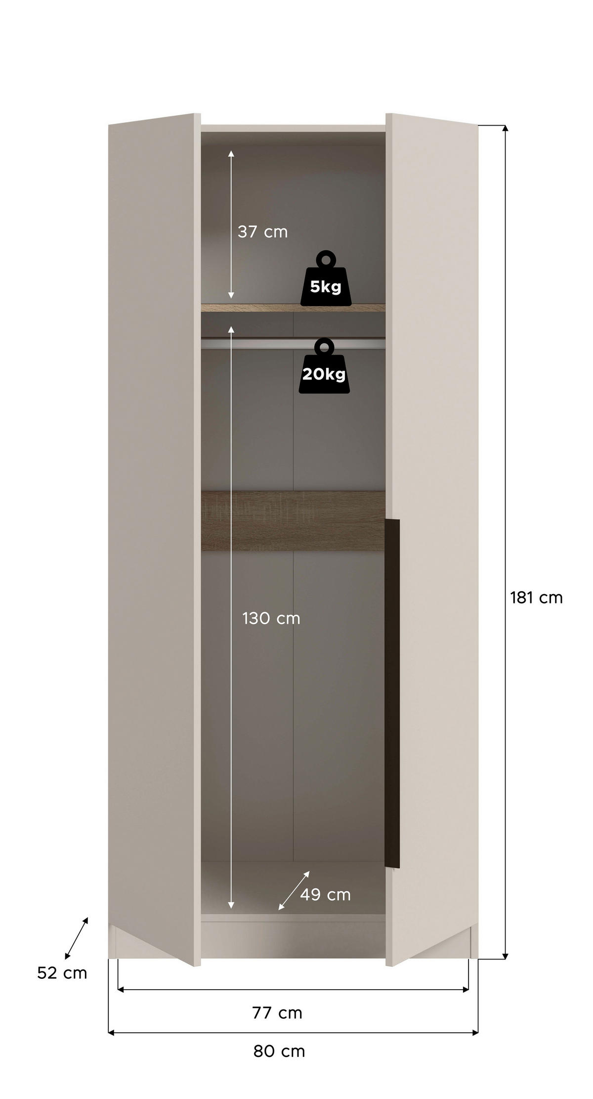 GARDEROB MED GÅNGJÄRNSDÖRRAR 80/181/52 cm 2-dörrar - svart/kashmir, Modern, trämaterial/plast (80/181/52cm) - Livetastic