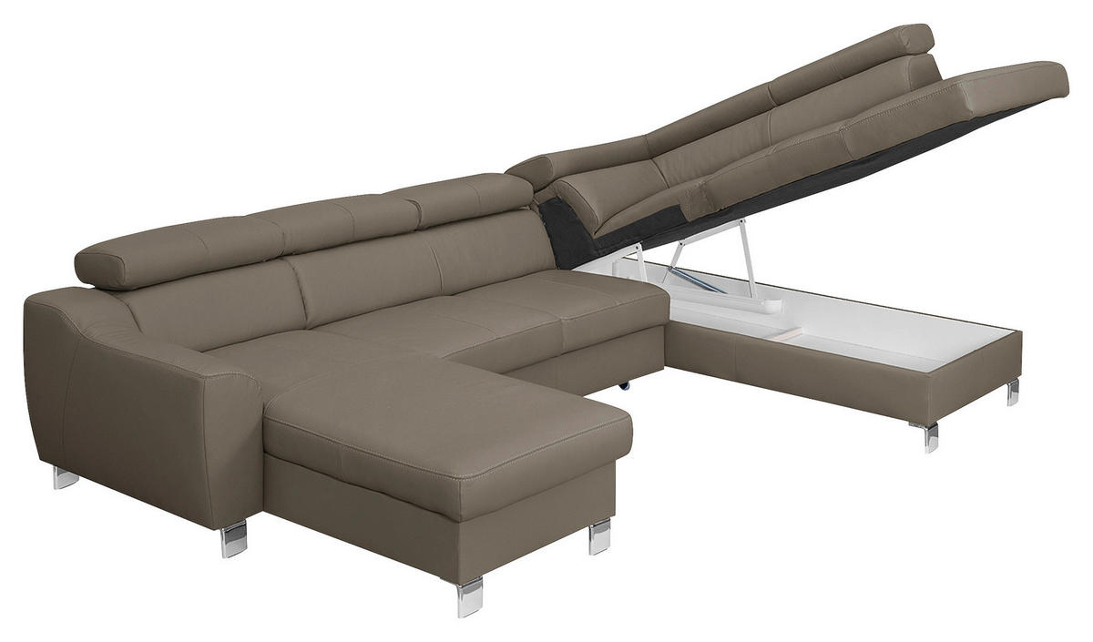 WOHNLANDSCHAFT in Lederlook Echtleder Taupe  - Taupe/Chromfarben, Design, Leder/Textil (175/315/208cm) - Livetastic