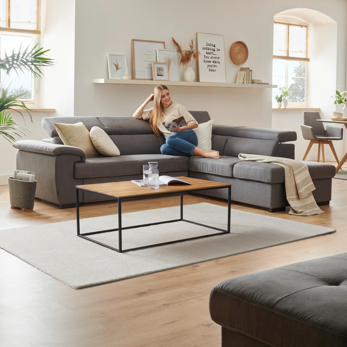ECKSOFA Hellgrau Mikrofaser  - Hellgrau/Schwarz, Design, Kunststoff/Textil (258/219cm) - Stylife