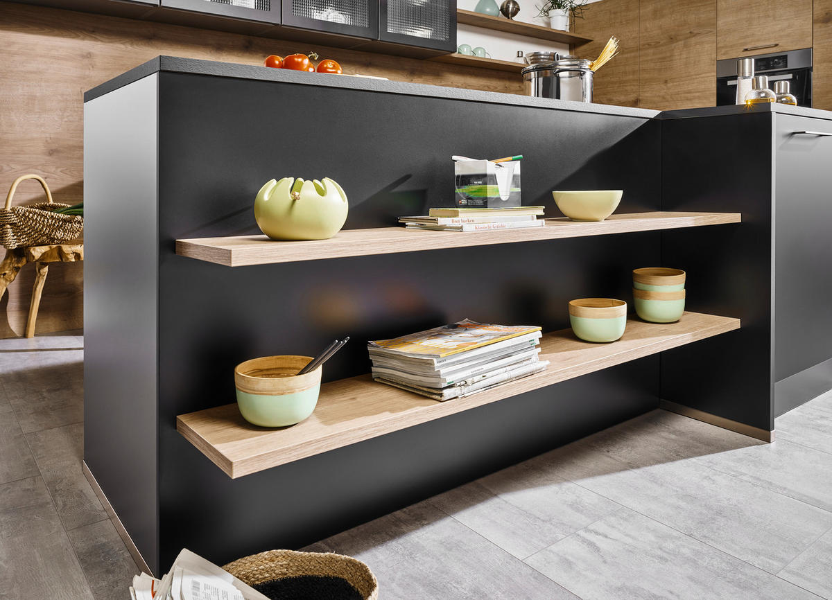EINBAUKÜCHE DK309  - Eichefarben/Schwarz, Design, Holzwerkstoff - Dieter Knoll
