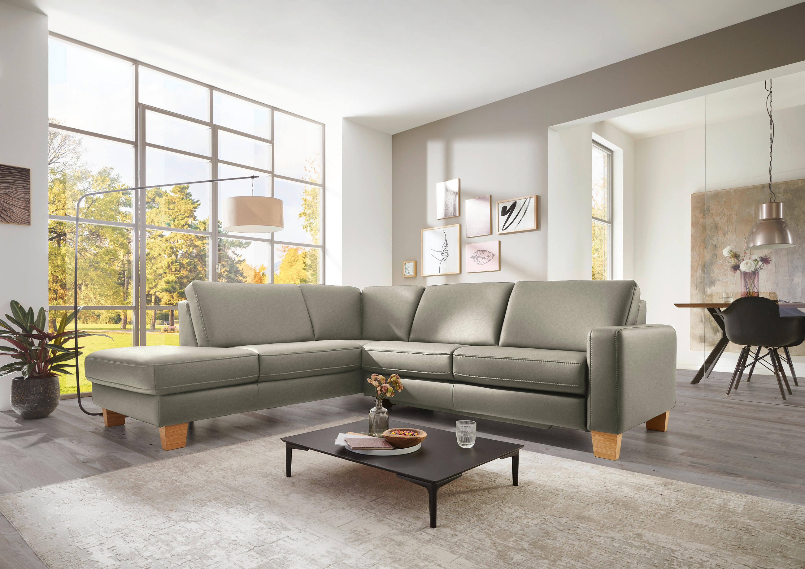 ECKSOFA in Echtleder Grau  - Eiche Bianco/Grau, Konventionell, Leder/Holz (235/257cm) - Valdera