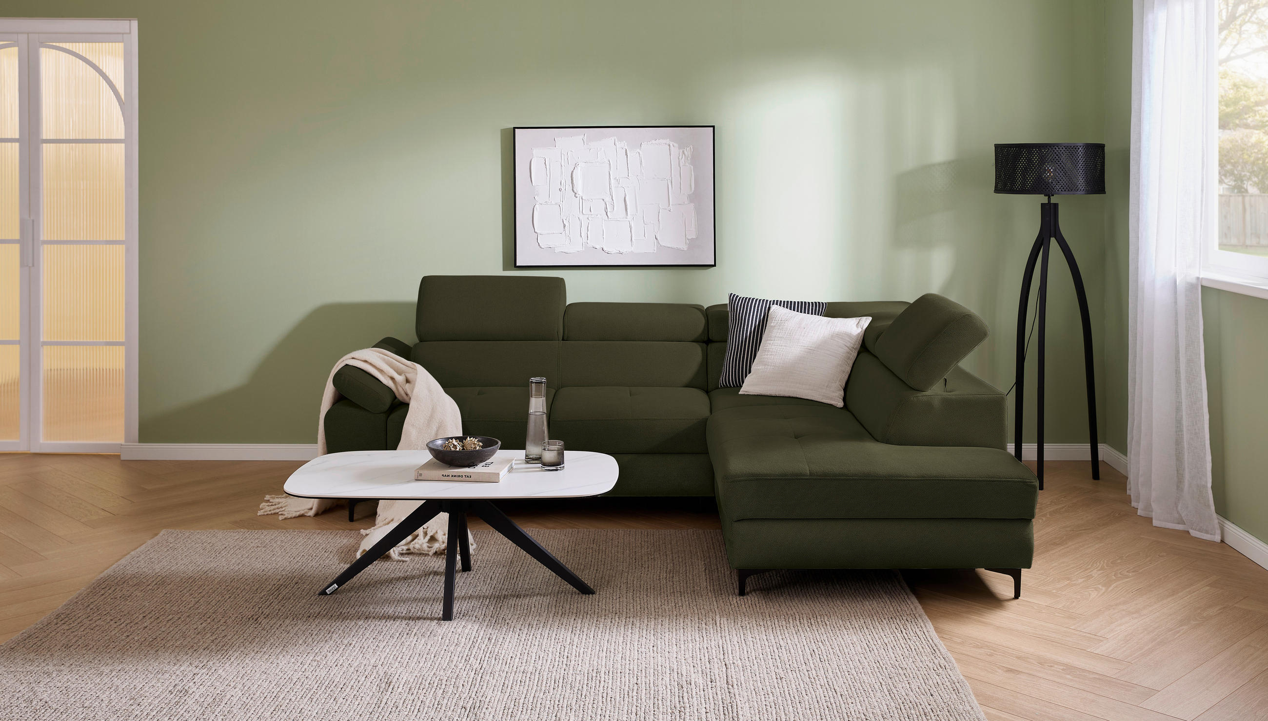 ECKSOFA in Flachgewebe Dunkelgrün  - Dunkelgrün/Schwarz, Design, Textil/Metall (266/206cm) - Stylife