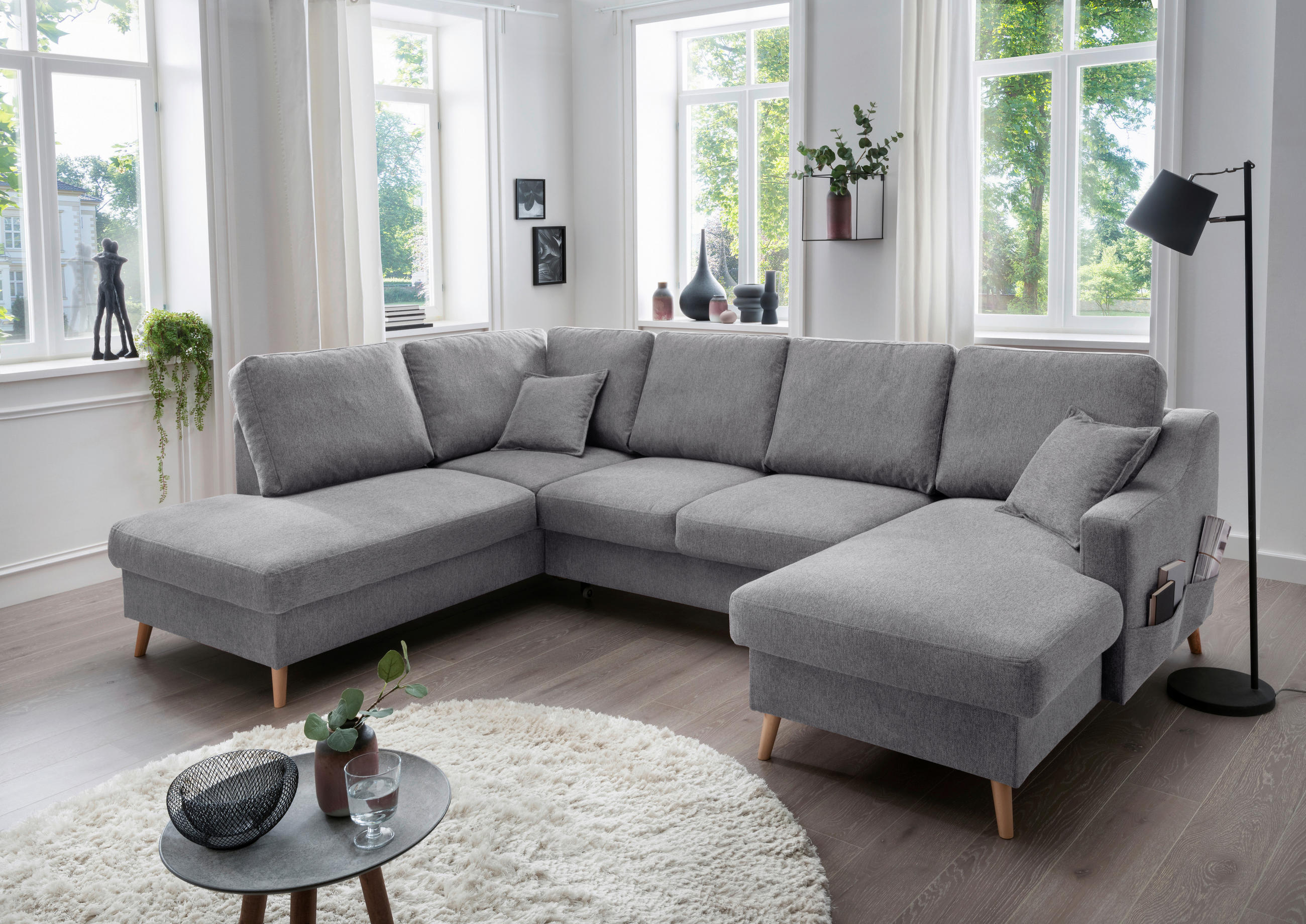 WOHNLANDSCHAFT Dunkelgrau Chenille  - Dunkelgrau/Naturfarben, KONVENTIONELL, Holz/Textil (200/301/150cm) - Livetastic