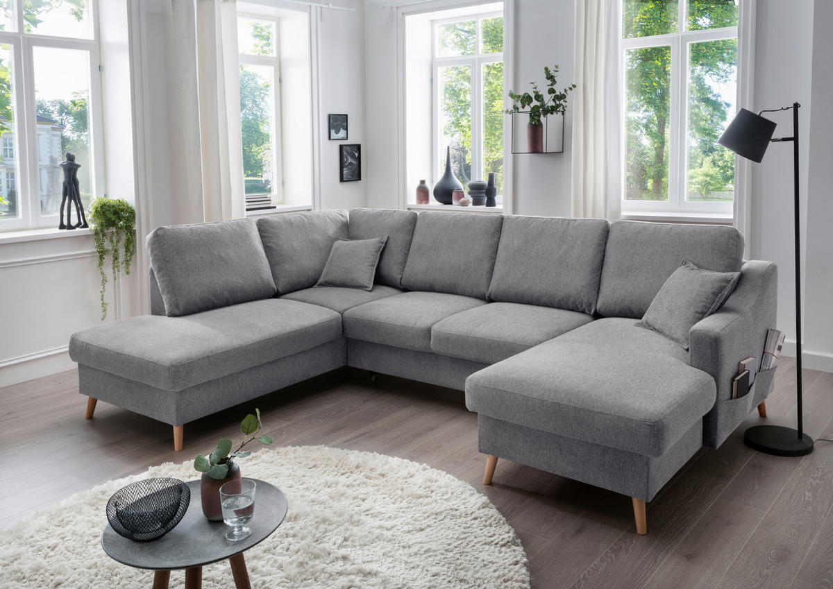 WOHNLANDSCHAFT Chenille Dunkelgrau  - Dunkelgrau/Naturfarben, Konventionell, Holz/Textil (200/301/150cm) - Livetastic