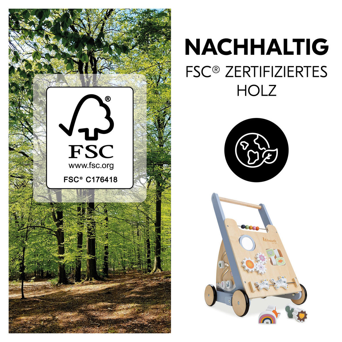 LAUFLERNWAGEN LEARN TO WALK  - Multicolor/Naturfarben, Basics, Holz/Metall (30,5/52/34cm) - Hauck
