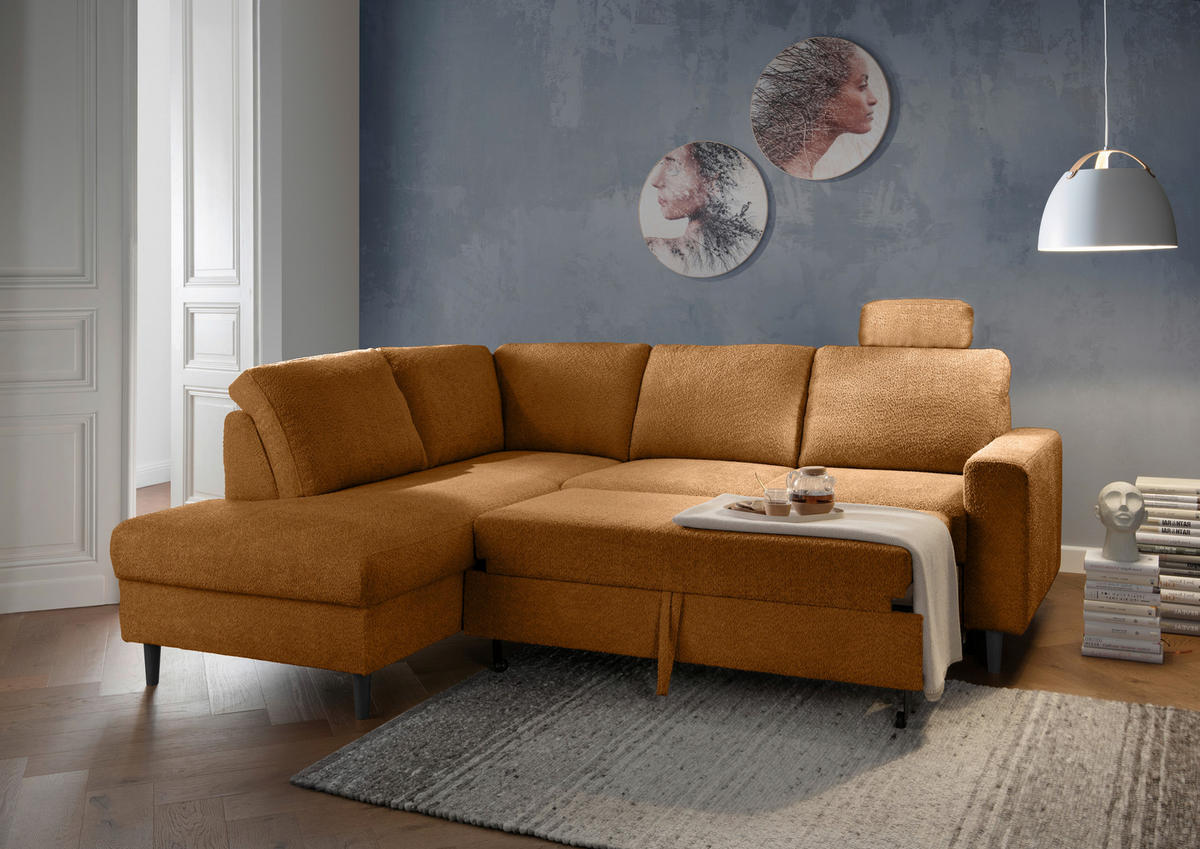 ECKSCHLAFSOFA in Goldfarben Textil   - Goldfarben/Schwarz, Modern, Holz/Textil (200/242cm) - Livetastic
