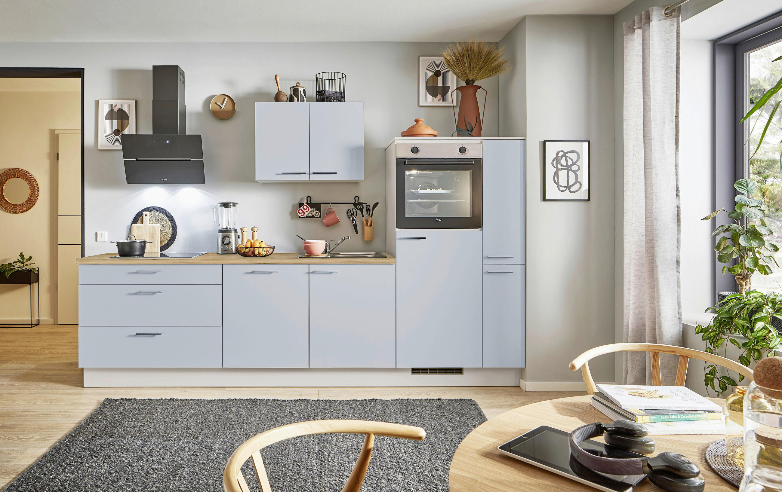 KÜCHENBLOCK PN 105 290 cm  in Eichefarben, Kaschmir, Pastellblau  - Kaschmir/Edelstahlfarben, Design, Holzwerkstoff/Metall (290cm) - Pino