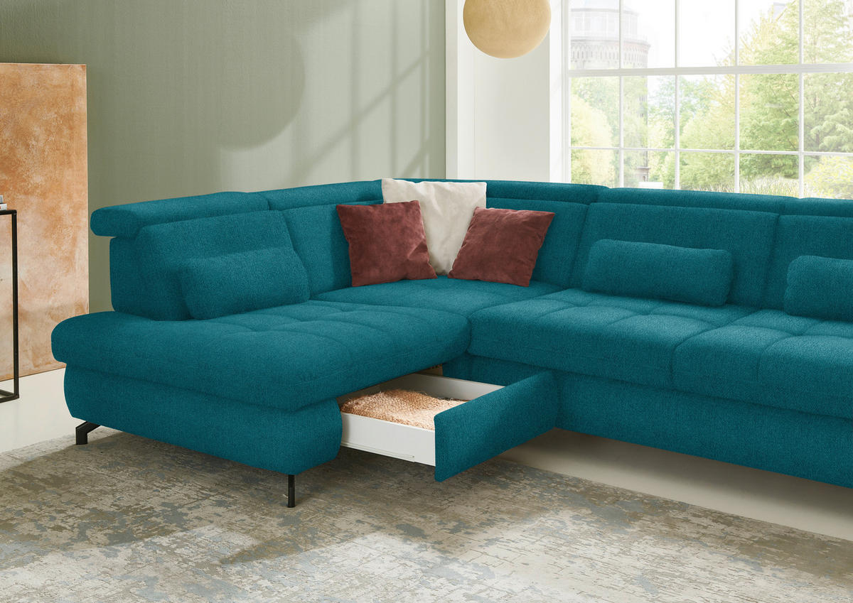 ECKSOFA in Chenille Petrol  220/310 cm  - Petrol/Schwarz, Design, Textil/Metall (220/310cm) - Beldomo Style