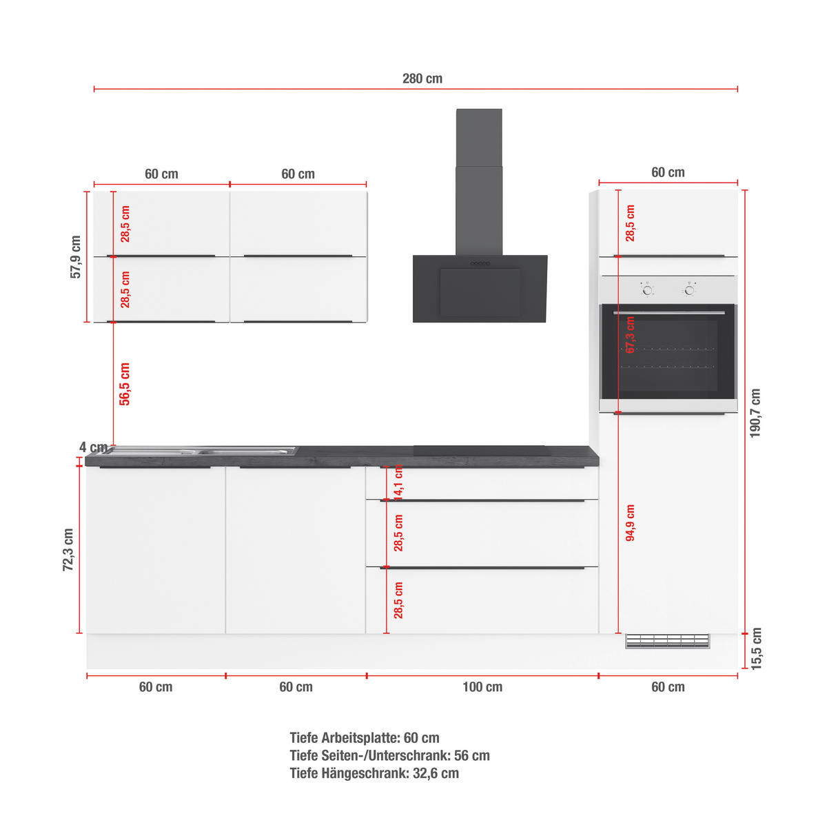 KÜCHENBLOCK 280 cm   in Graphitfarben  - Eichefarben/Schwarz, Trend, Holzwerkstoff/Metall (280cm) - Impuls