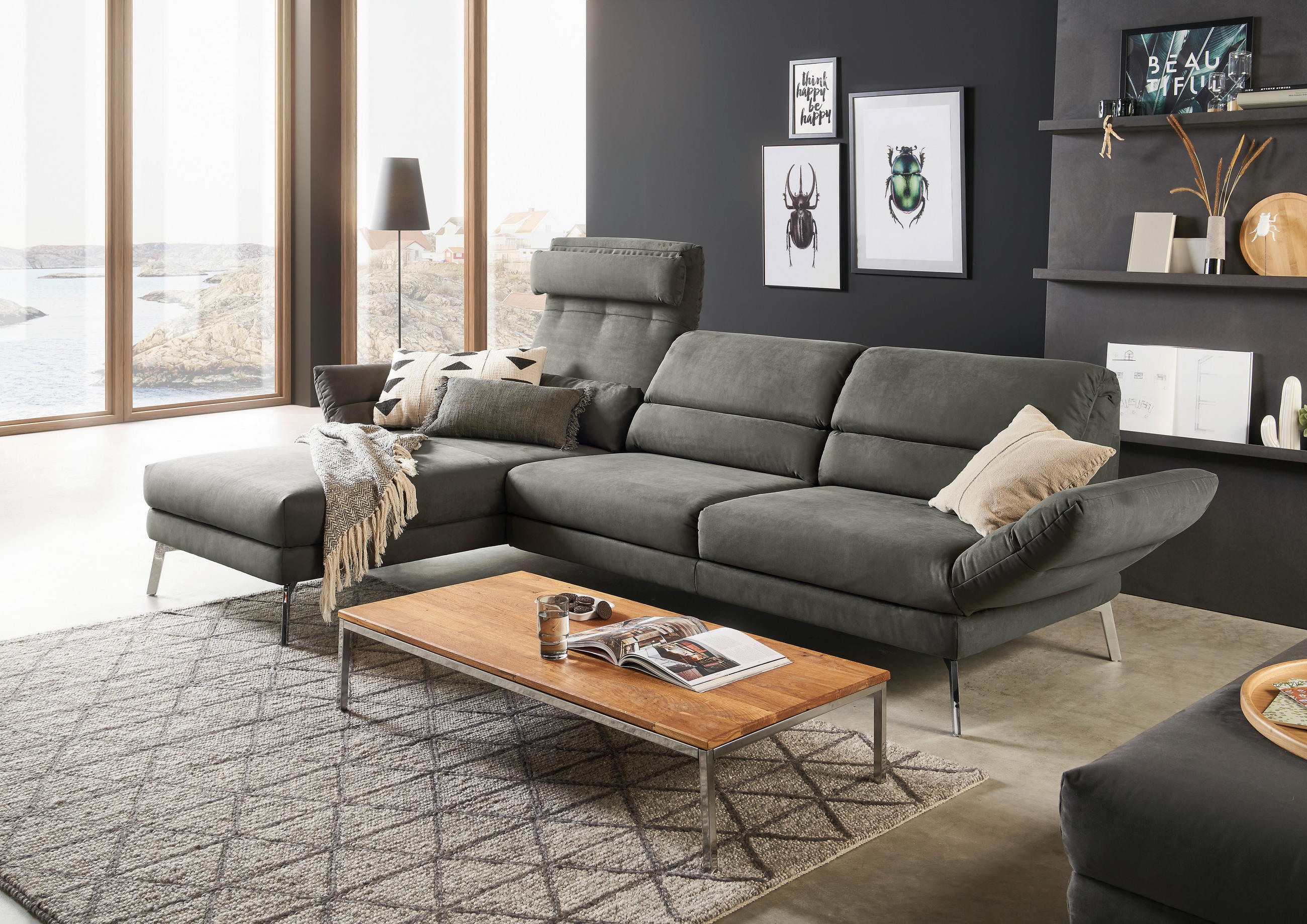ECKSOFA Graphitfarben Mikrofaser  - Chromfarben/Graphitfarben, Design, Textil/Metall (176-217/279-327cm) - Dieter Knoll