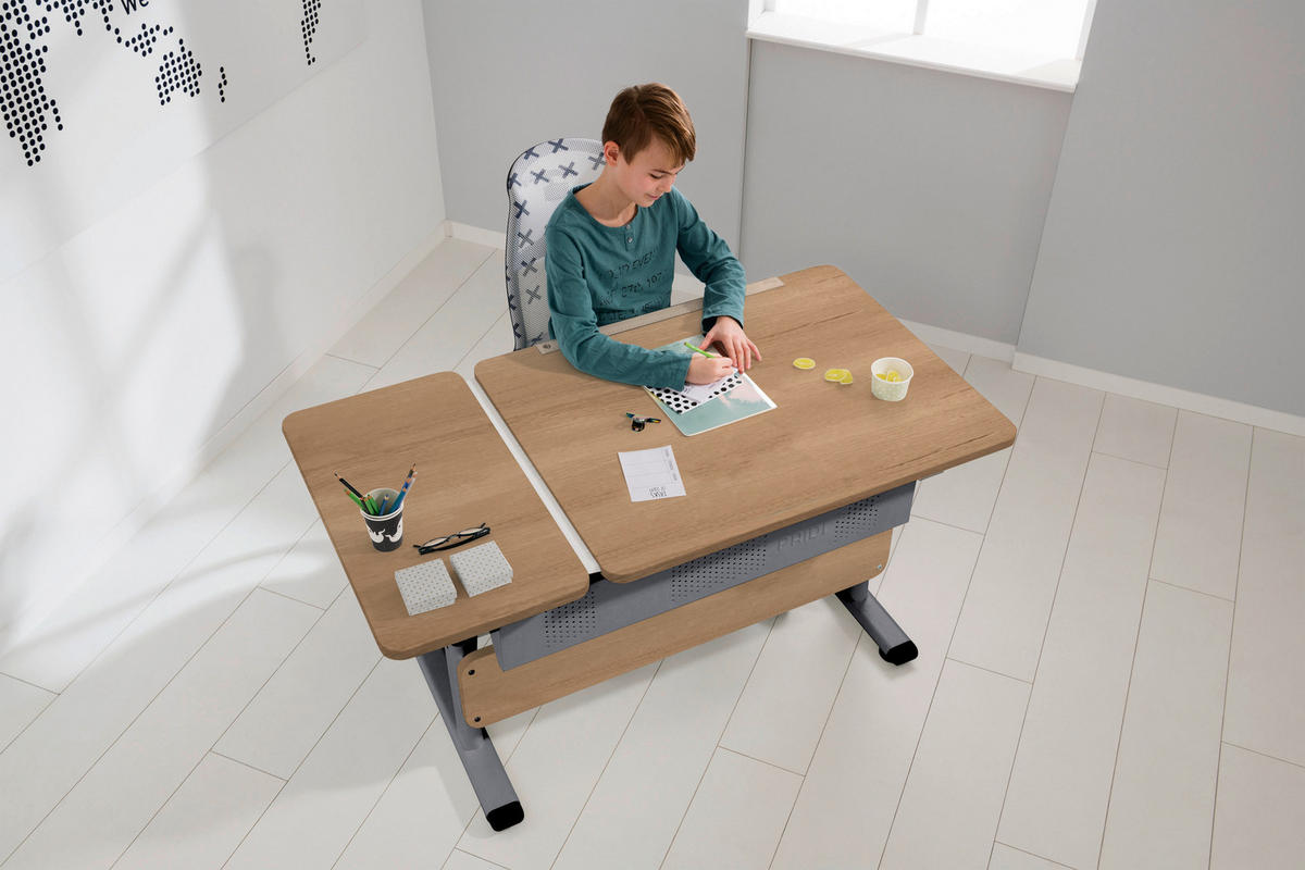 IFJÚSÁGI ÍRÓASZTAL  - ezüst/tölgyfa, Basics, faalapú anyag/fém (130/70/53-79cm) - Paidi