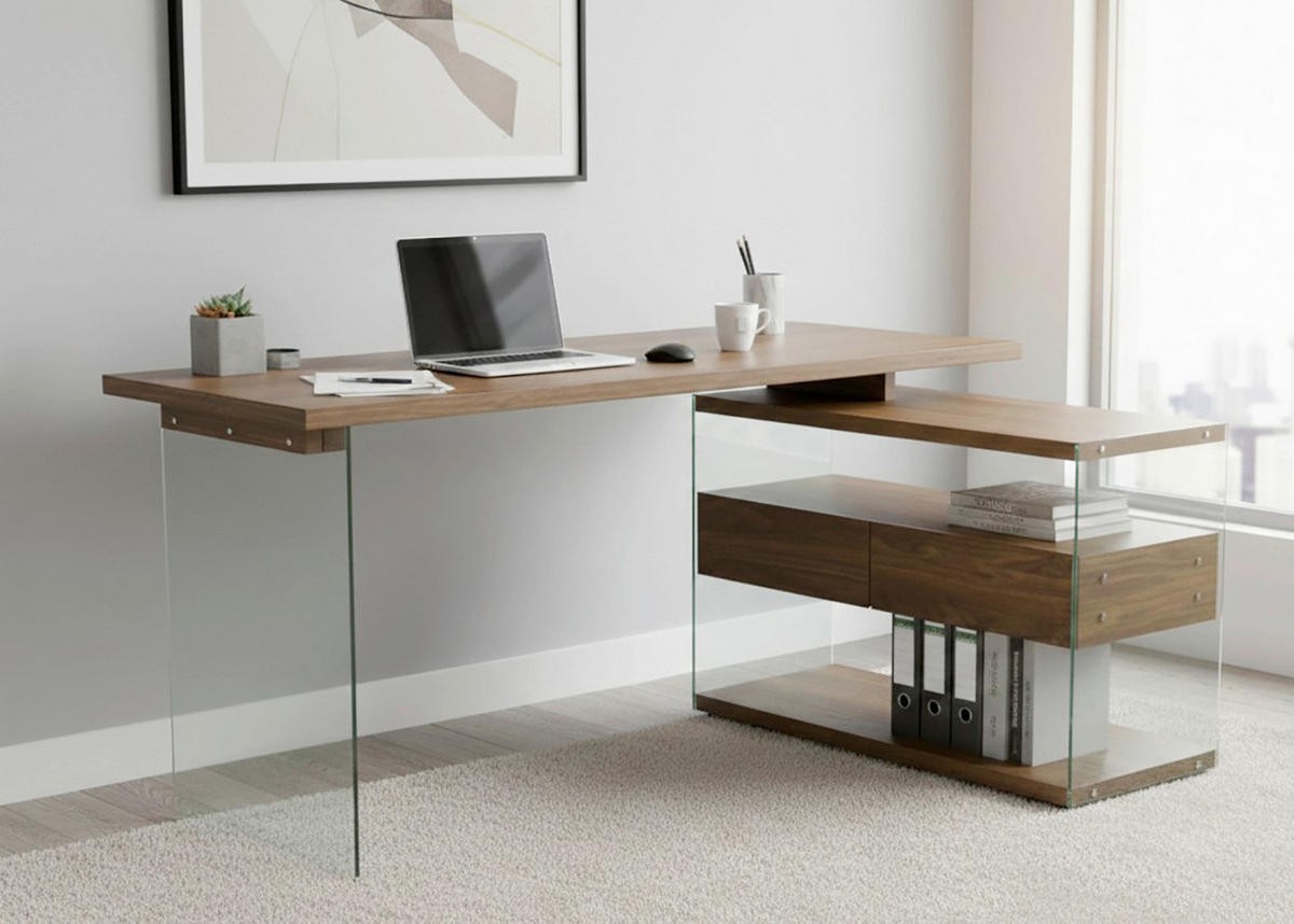 ECKSCHREIBTISCH 145/100/76 cm Walnussfarben Stauraum, seitenverkehrt montierbar  - Eichefarben/Walnussfarben, Design, Glas/Holzwerkstoff (145/100/76cm) - MID.YOU