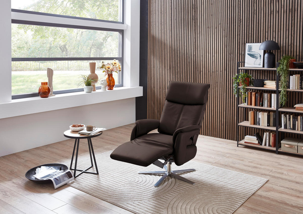 RELAXSESSEL in Leder Dunkelbraun  - Edelstahlfarben/Dunkelbraun, Design, Leder/Metall (70/124/85cm) - Cantus