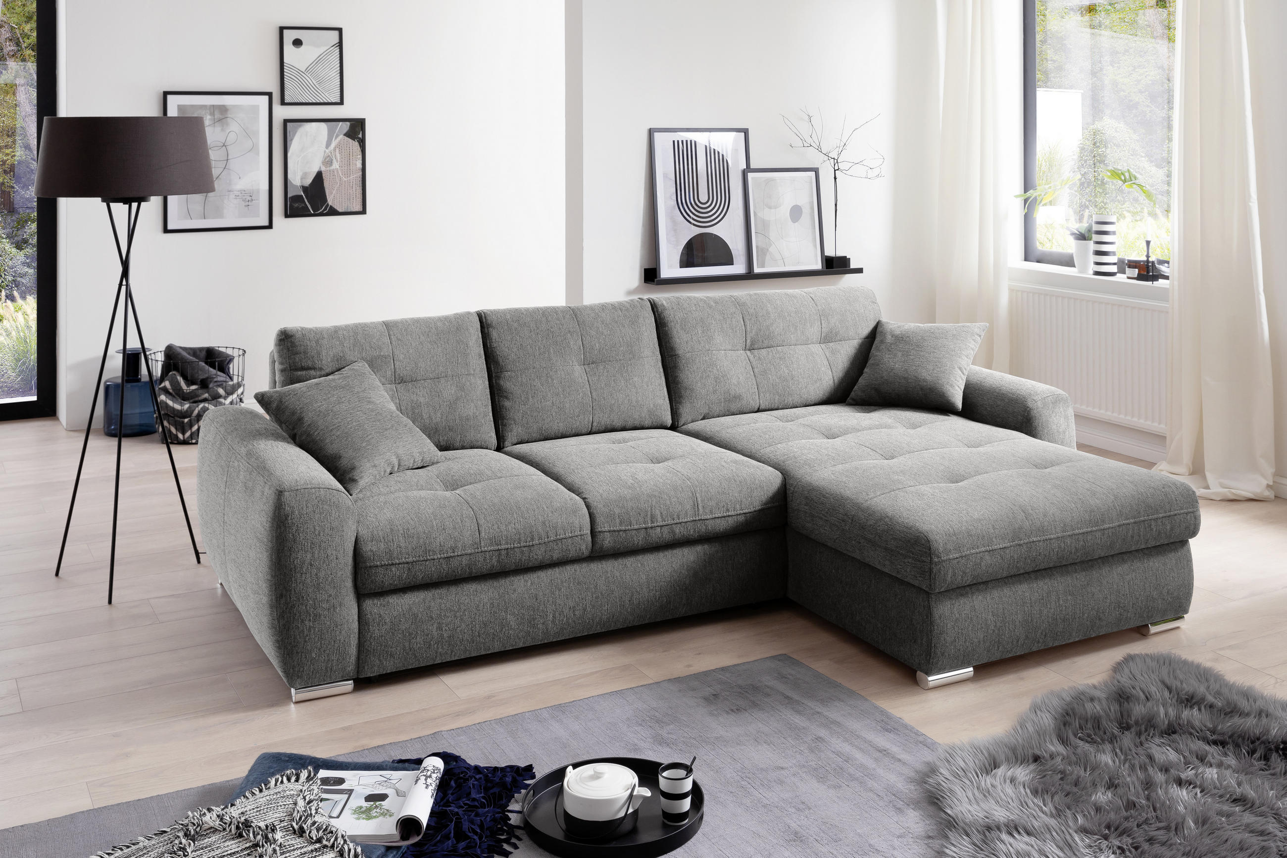 ECKSOFA in Mikrofaser Grau - Chromfarben/Grau, Modern, Kunststoff/Textil (276/193cm) - Hom`in