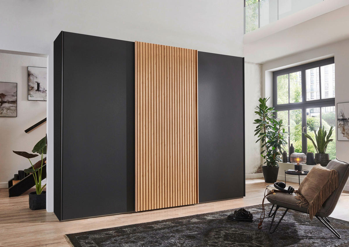 SCHWEBETÜRENSCHRANK in Graphitfarben, Eiche Bianco  - Eiche Bianco/Graphitfarben, Design, Holz/Holzwerkstoff (300/217/67cm) - Novel