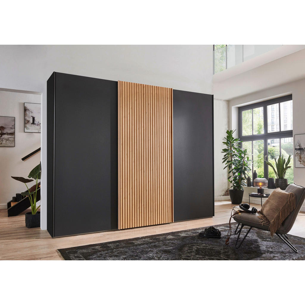 Thumbnail - Novel Schwebetürenschrank Texas, Graphit, Eiche Bianco, Holz, 6 Fächer, 250x236x67 cm, ISO 9001, Goldenes M, Made in Ger...
