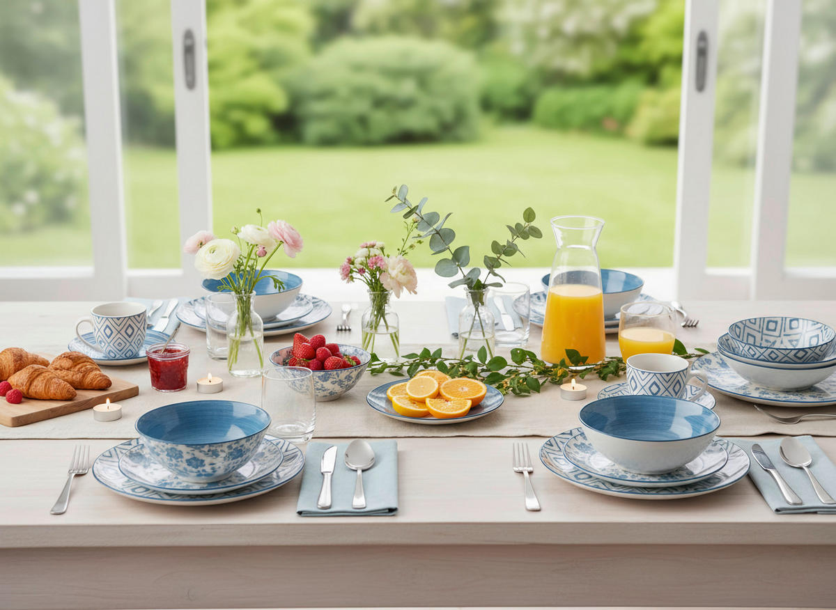 KOMPLETT SERVIS 30 delar  - vit/blå, Lifestyle, keramik - Novel