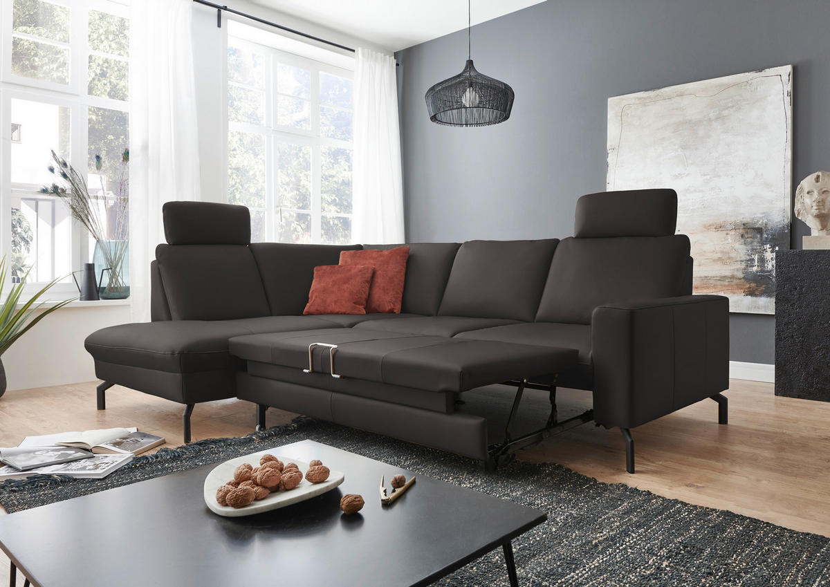 ECKSOFA Beldomo Premium in Echtleder Dunkelgrau  194/250 cm  - Dunkelgrau/Schwarz, Design, Leder/Metall (194/250cm) - Beldomo Premium