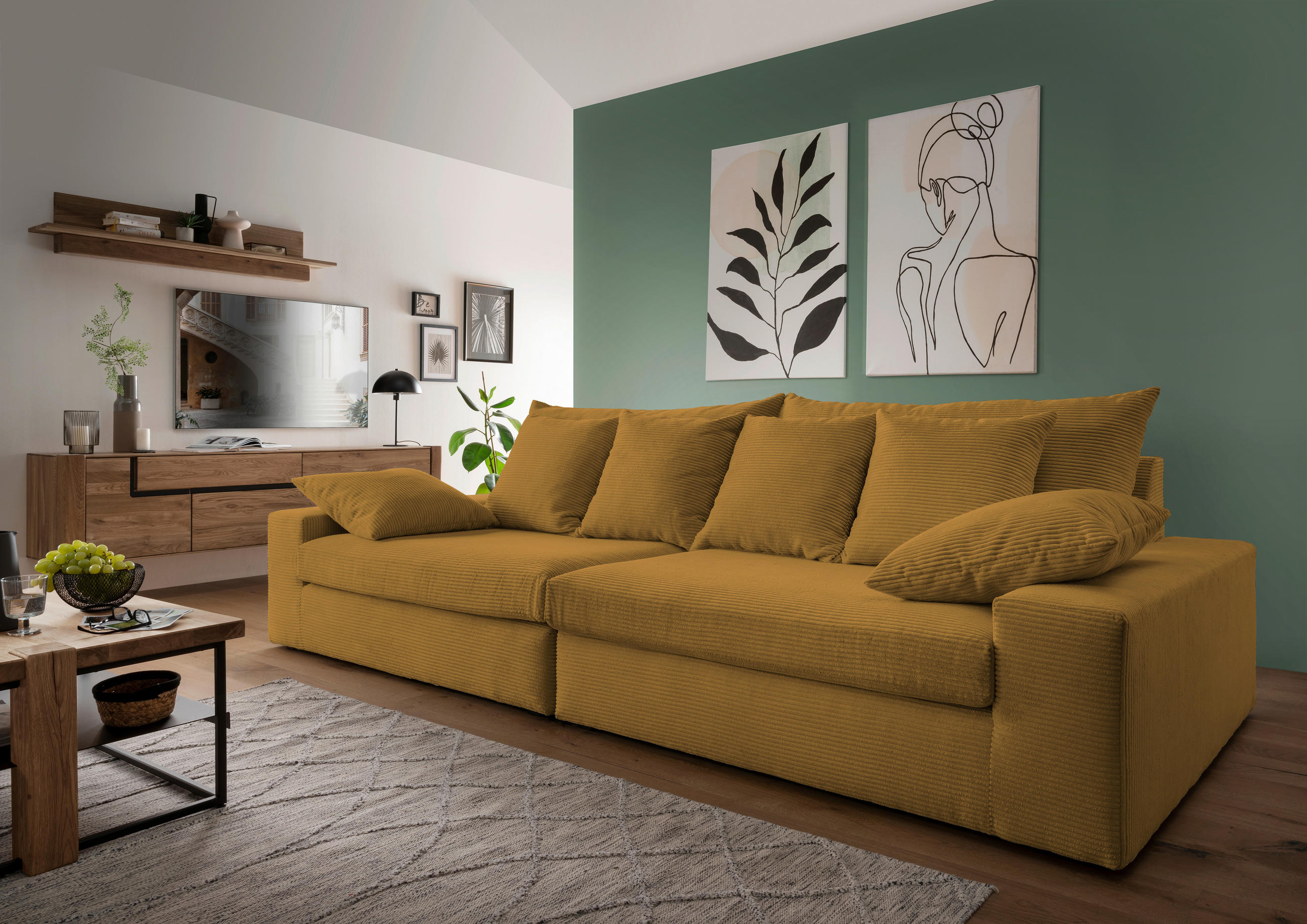 VIERSITZER-SOFA in Cord Goldfarben  - Goldfarben/Schwarz, Modern, Kunststoff/Textil (308/80/140cm) - Livetastic