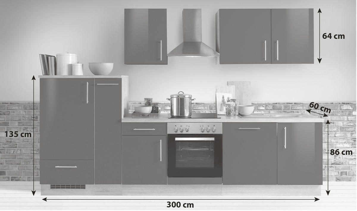 KÜCHENBLOCK 300 cm   in Sonoma Eiche, Dunkelbraun  - Dunkelbraun/Silberfarben, KONVENTIONELL, Holzwerkstoff/Metall (300cm) - Menke