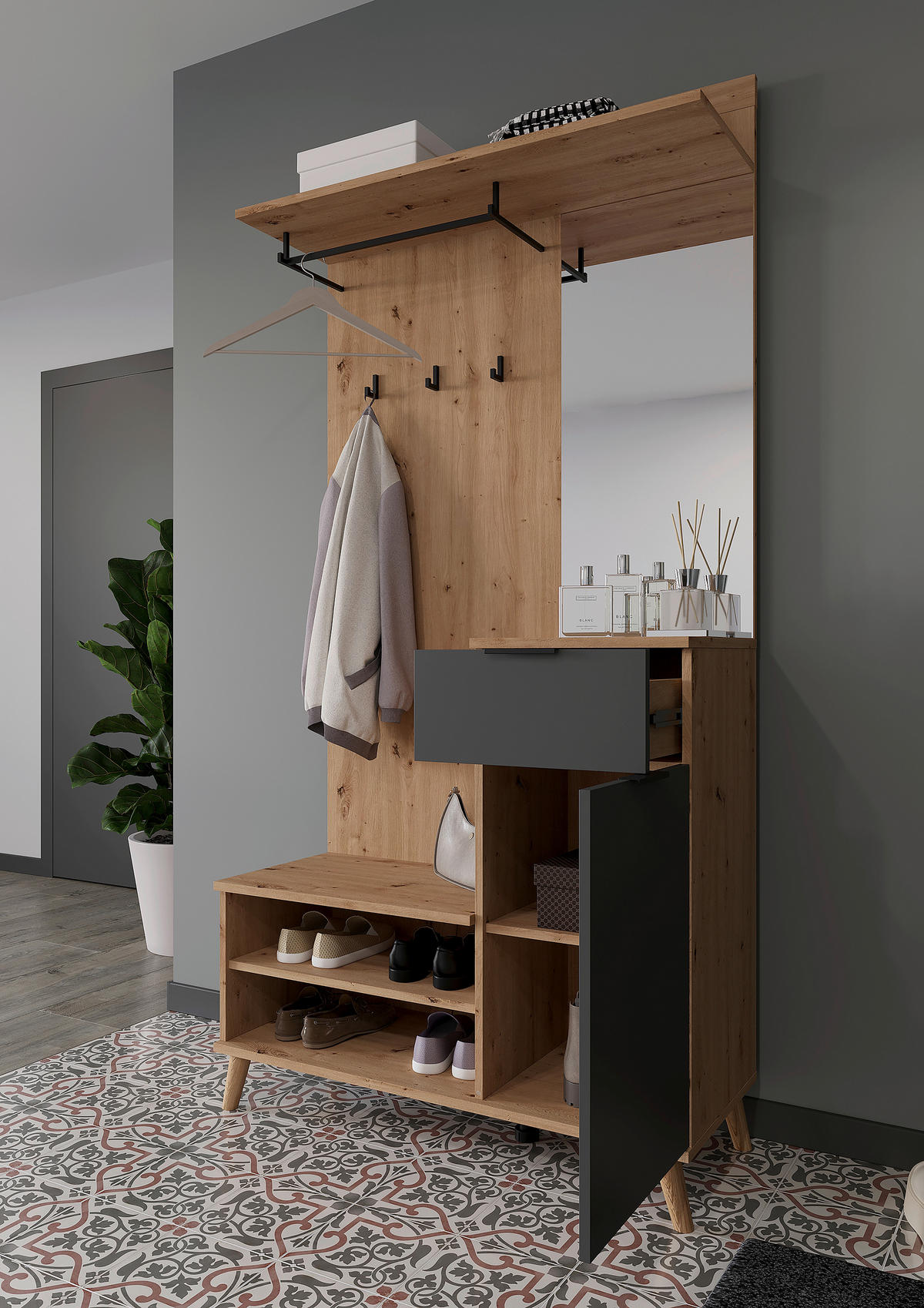 GARDEROBE  in 100/202/40 cm  - Graphitfarben/Eiche Artisan, Design, Glas/Holzwerkstoff (100/202/40cm) - home24