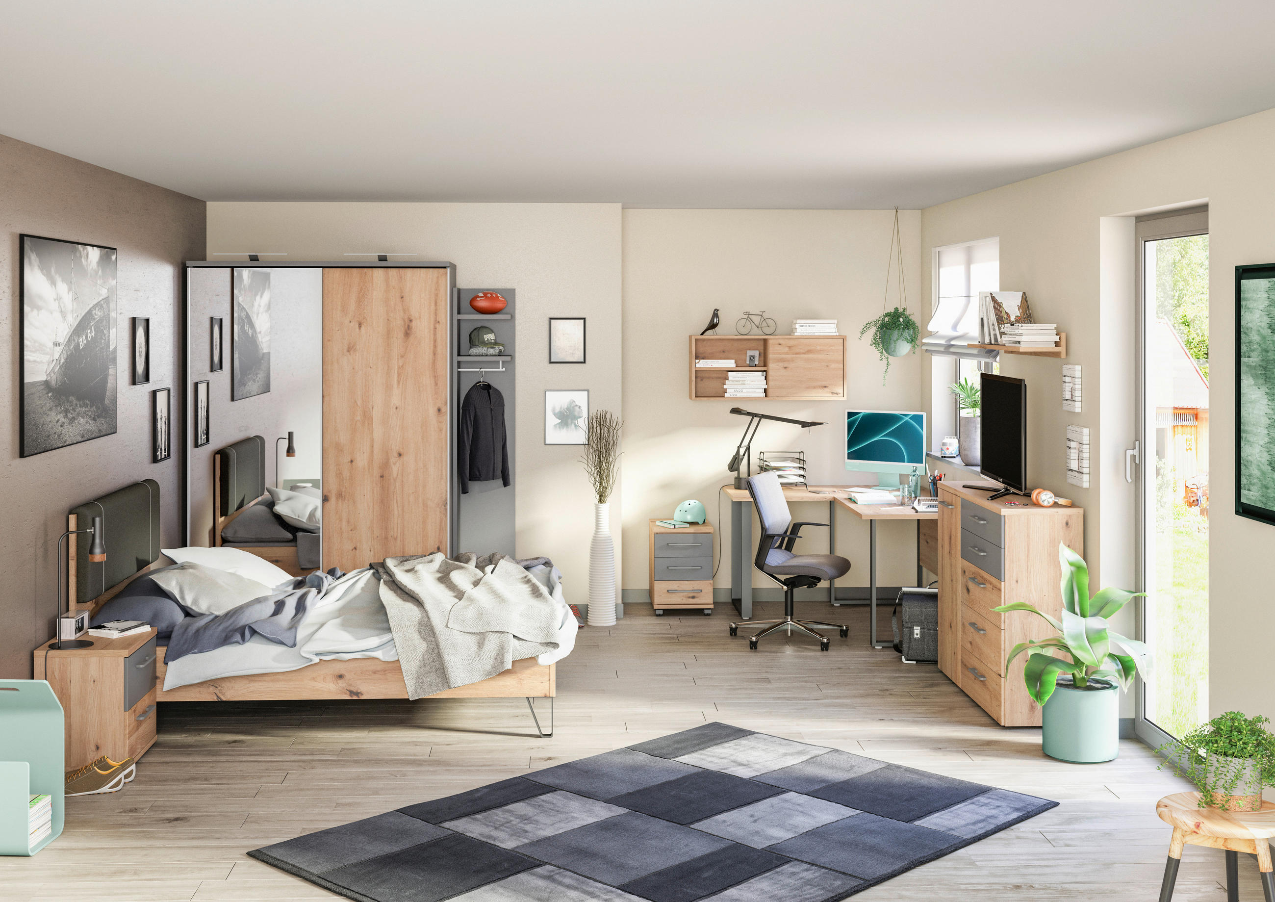 BETT 120/200 cm  in Anthrazit, Eiche Artisan  - Anthrazit/Schwarz, KONVENTIONELL, Holzwerkstoff/Textil (120/200cm) - Venda