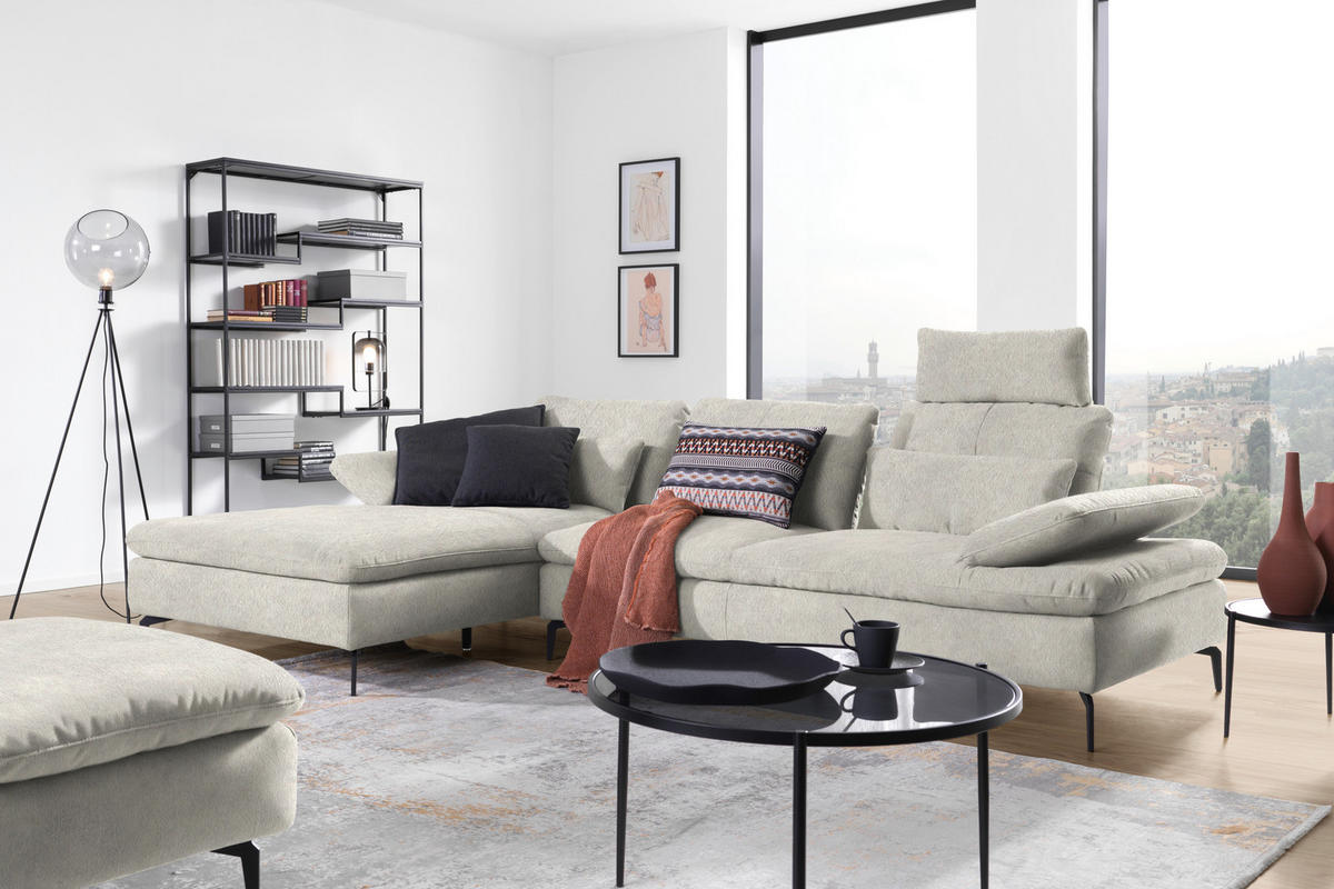 ECKSOFA in Velours Ecru  179/301 cm  - Ecru/Schwarz, Design, Textil/Metall (179/301cm) - Chilliano