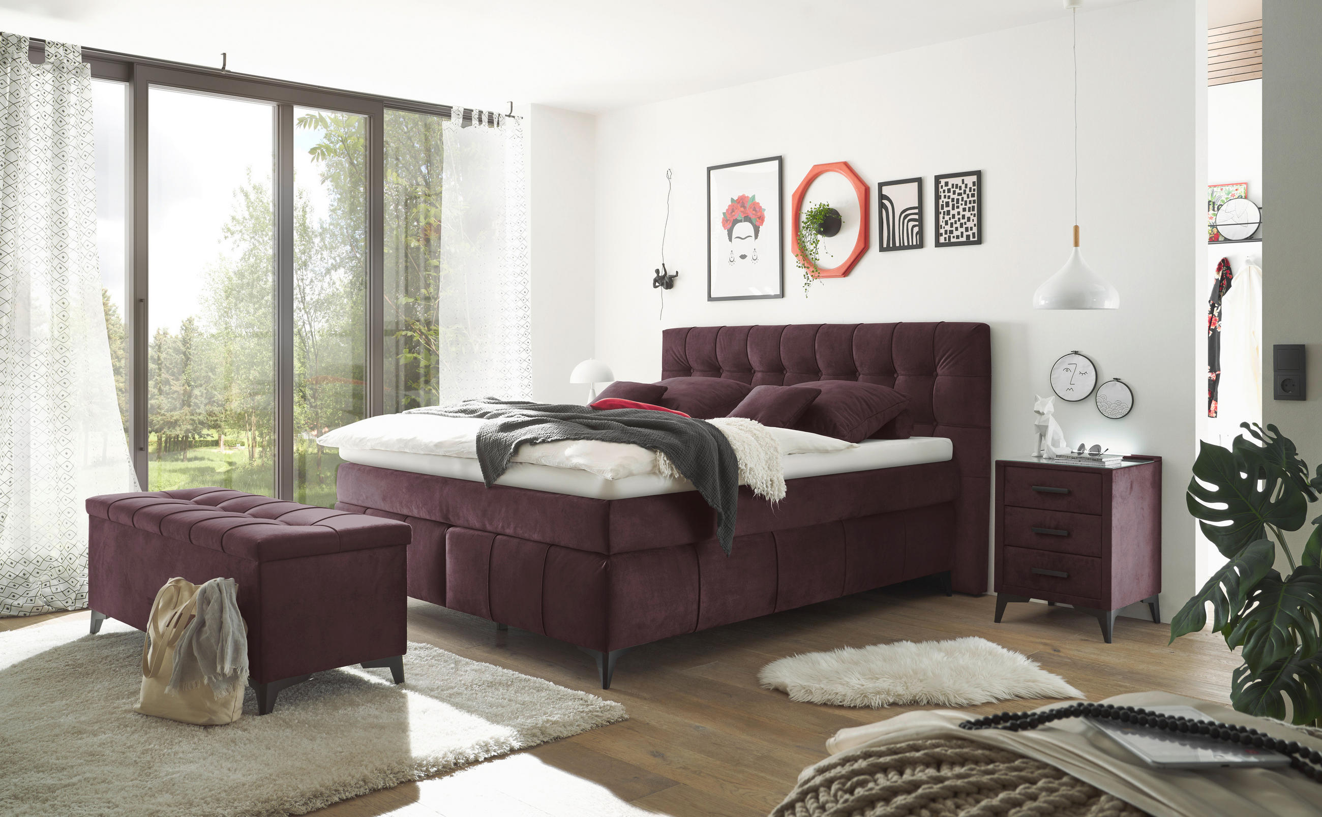 BOXSPRINGBETT 180/200 cm  in Aubergine  - Aubergine/Schwarz, KONVENTIONELL, Kunststoff/Textil (180/200cm) - Modante