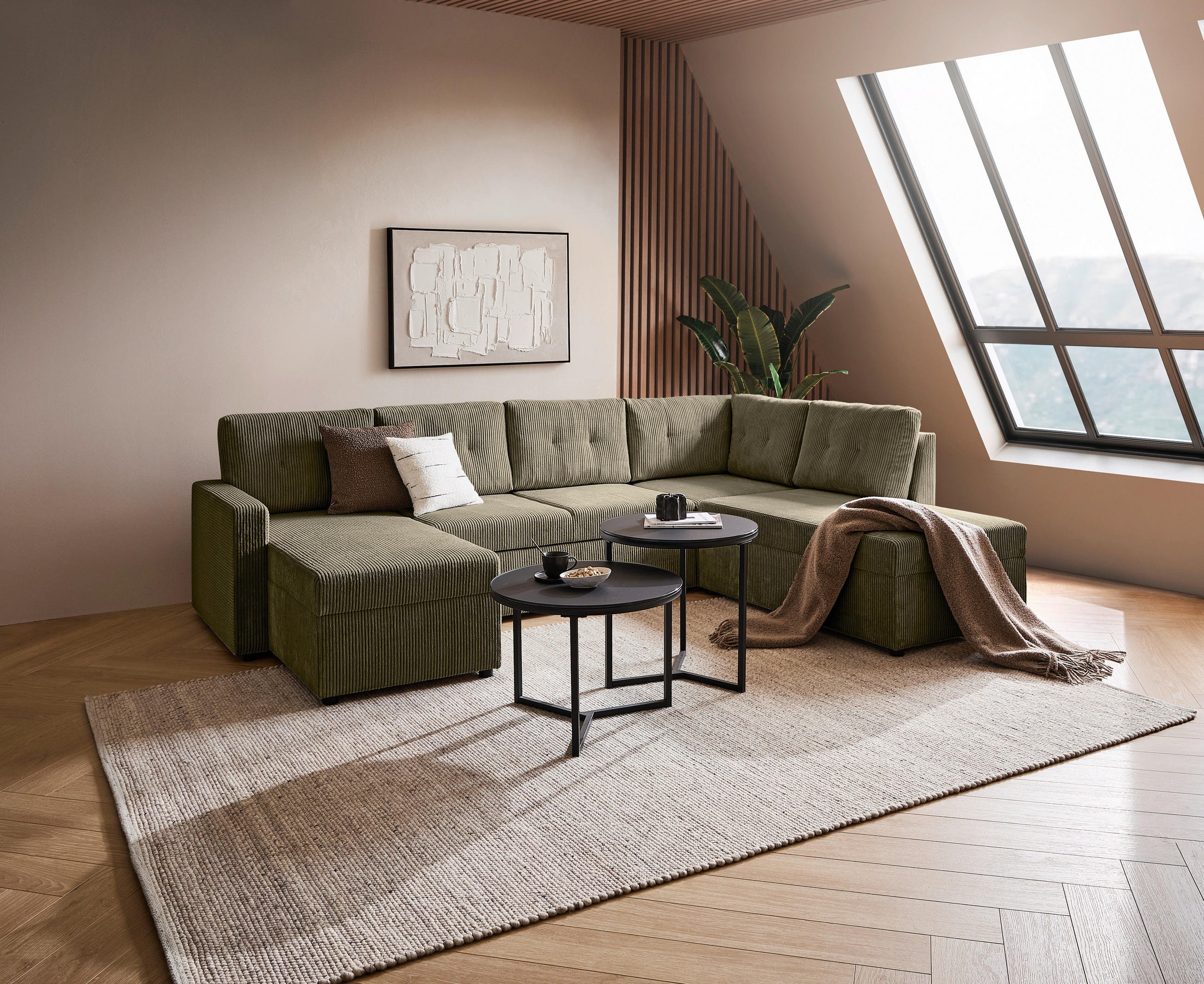 WOHNLANDSCHAFT Grün Cord  - Schwarz/Grün, KONVENTIONELL, Kunststoff/Textil (155/293/212cm) - Ti'me