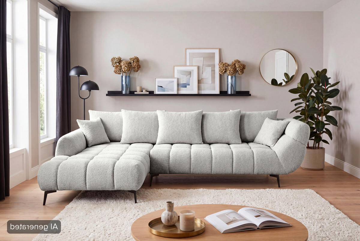 ECKSOFA Elfenbein Bouclé Zierkissen, Rückenkissen, Rücken echt  - Elfenbein/Schwarz, MODERN, Textil/Metall (217/318cm) - Carryhome