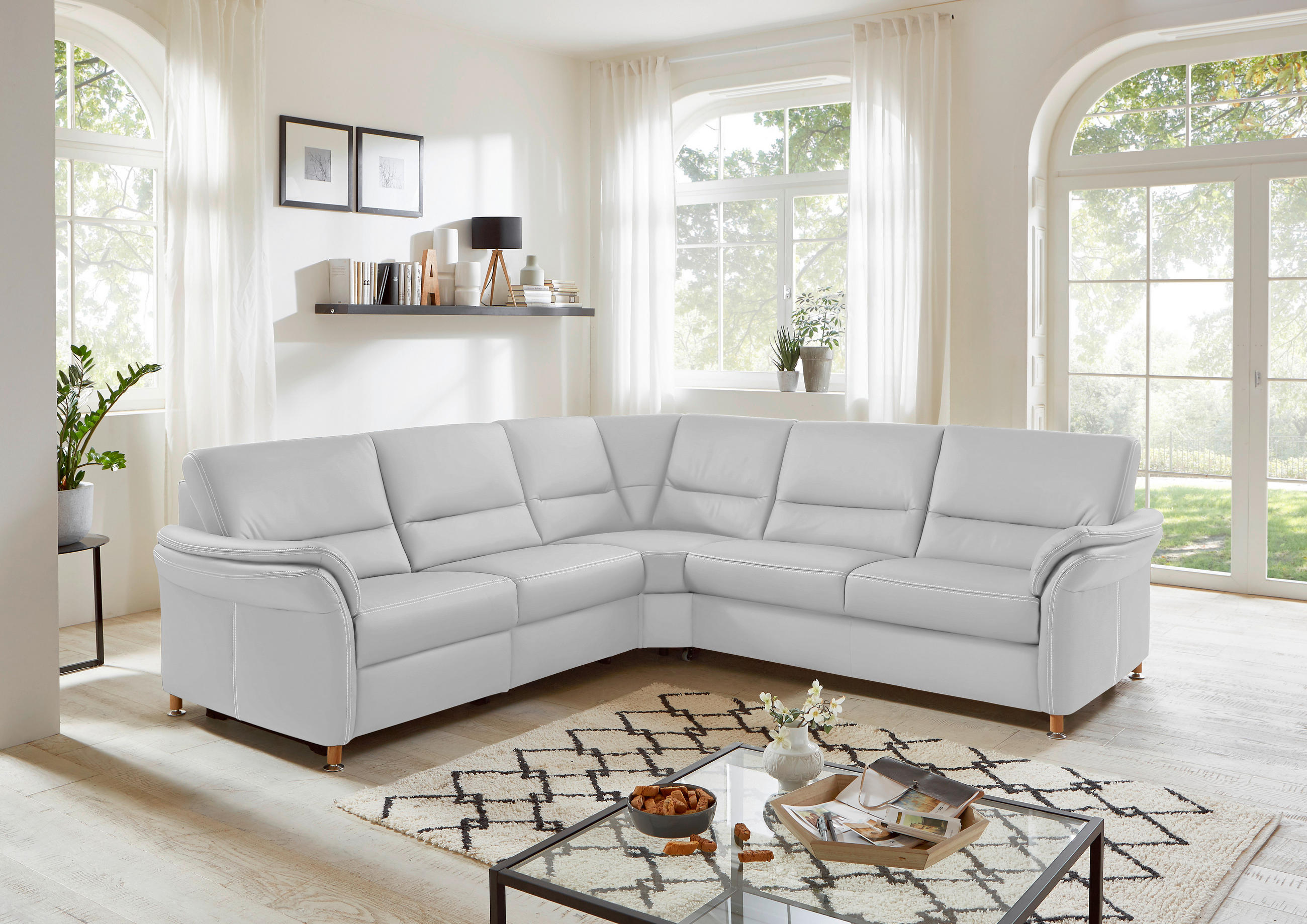 ECKSOFA in Echtleder Weiss  - Weiss/Eichefarben, Konventionell, Leder/Holz (262/262cm) - Beldomo Premium