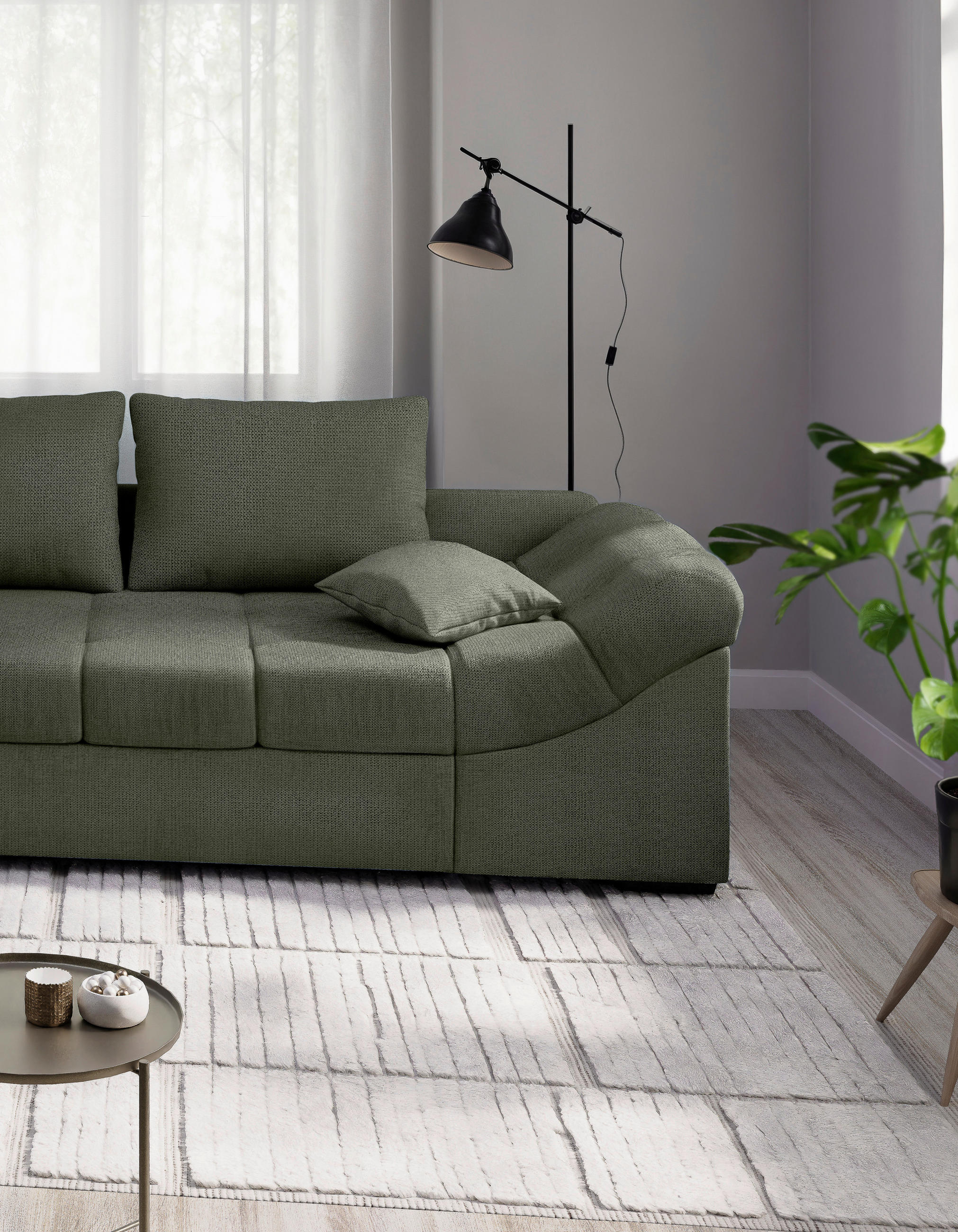 Thumbnail - Mid.you Eckschlafsofa Alvito, Dunkelgrün, Textil, Buche, 4-Sitzer, Füllung: Schaumstoff, 298x202 cm, Made in EU, Liegefu...