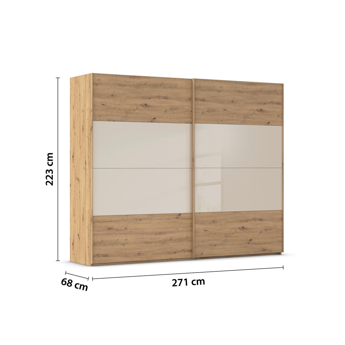 SCHWEBETÜRENSCHRANK 271/223/68 cm 2-türig Champagner, Eiche Artisan  - Champagner/Eichefarben, Design, Glas/Holzwerkstoff (271/223/68cm) - Xora