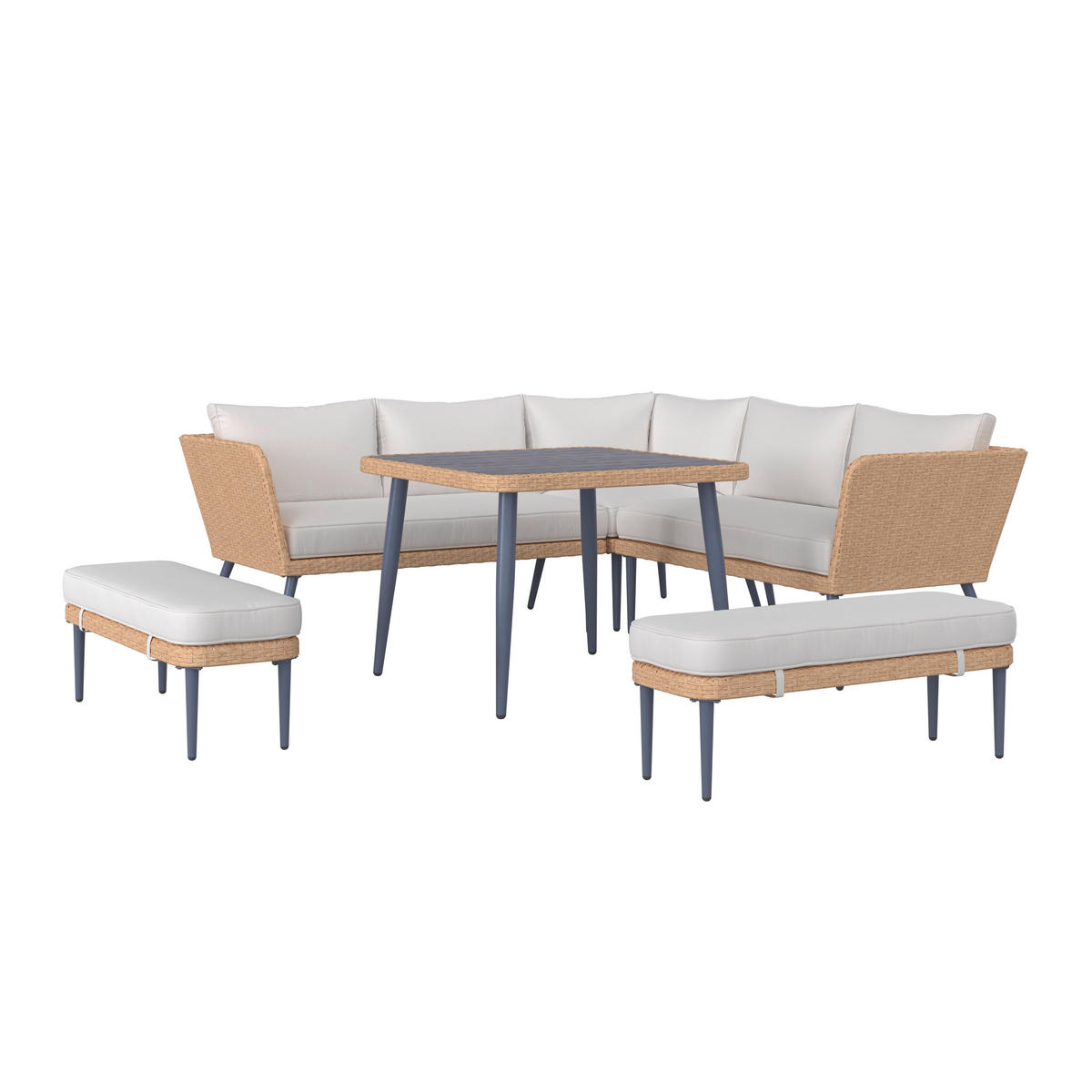 JEDÁLENSKÁ TERASOVÁ SÚPRAVA 6-dielne, kov, plast, textil - prírodná farba/svetlosivá, Modern, kov/textil - Ambia Garden