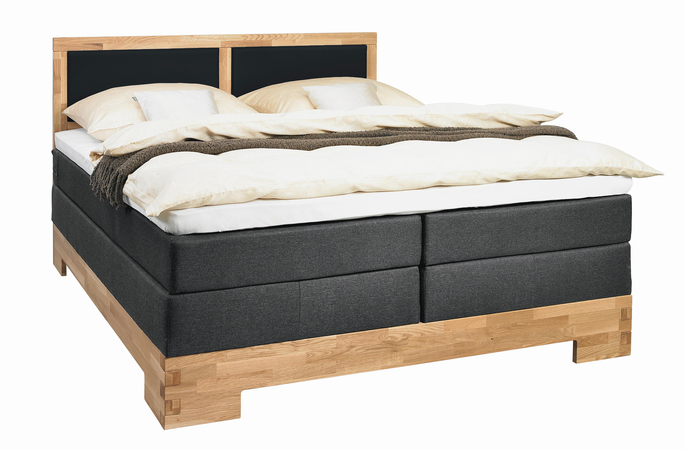 BOXSPRINGBETT 180/200 cm,  in Schwarz, Eichefarben, Matratze, gepolstertes Kopfteil, Topper, H2 + H3 = mittel + fest  - Eichefarben/Schwarz, Design, Holz/Textil (180/200cm) - Linea Natura