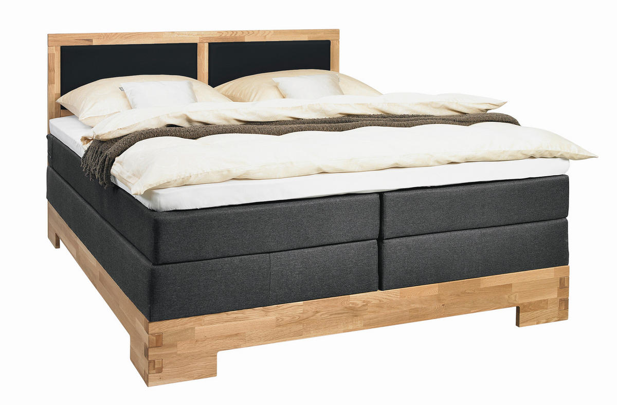BOXSPRINGBETT 140/200 cm,  in Schwarz, Eichefarben, Matratze, gepolstertes Kopfteil, Topper, H2 + H2 = mittel  - Eichefarben/Schwarz, Design, Holz/Textil (140/200cm) - Linea Natura