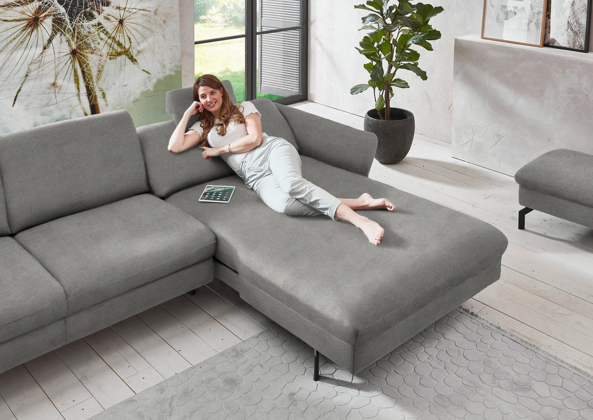 ECKSOFA in Velours Hellgrau  - Hellgrau/Schwarz, Design, Textil/Metall (306/179cm) - Beldomo System