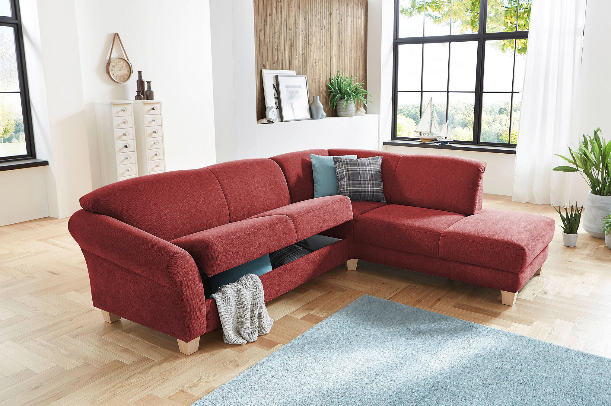 ECKSOFA Rot Flachgewebe  - Rot/Naturfarben, KONVENTIONELL, Holz/Textil (257/212cm) - Sit & More