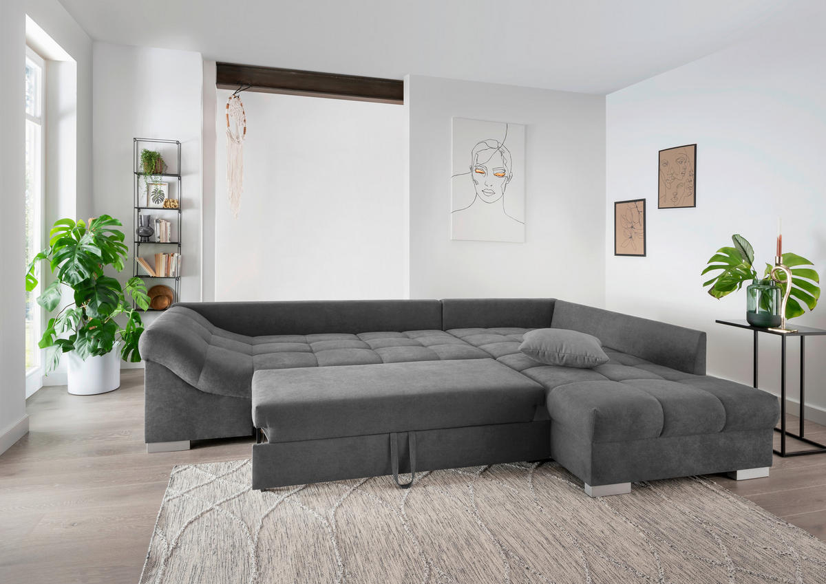 ECKSCHLAFSOFA Dunkelgrau Mikrofaser  - Dunkelgrau/Silberfarben, Design, Holz/Textil (298/202cm) - MID.YOU