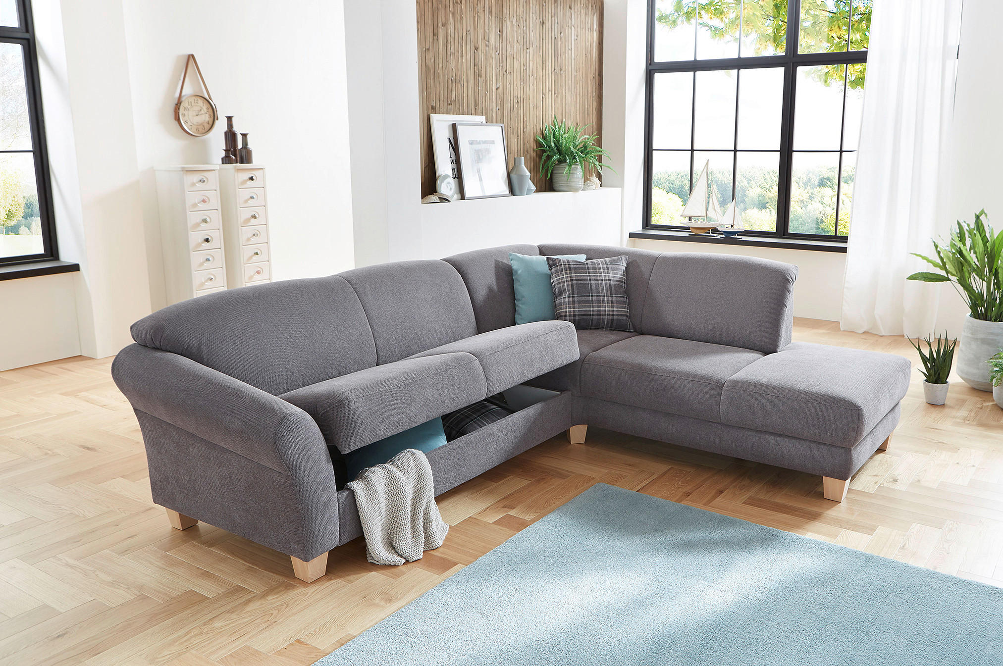 Thumbnail - Sit & More Ecksofa, Grau, Textil, Buche, 6-Sitzer, Ottomane rechts, L-Form, 257x212 cm, Goldenes M, Oeko-Tex® Standard 1...