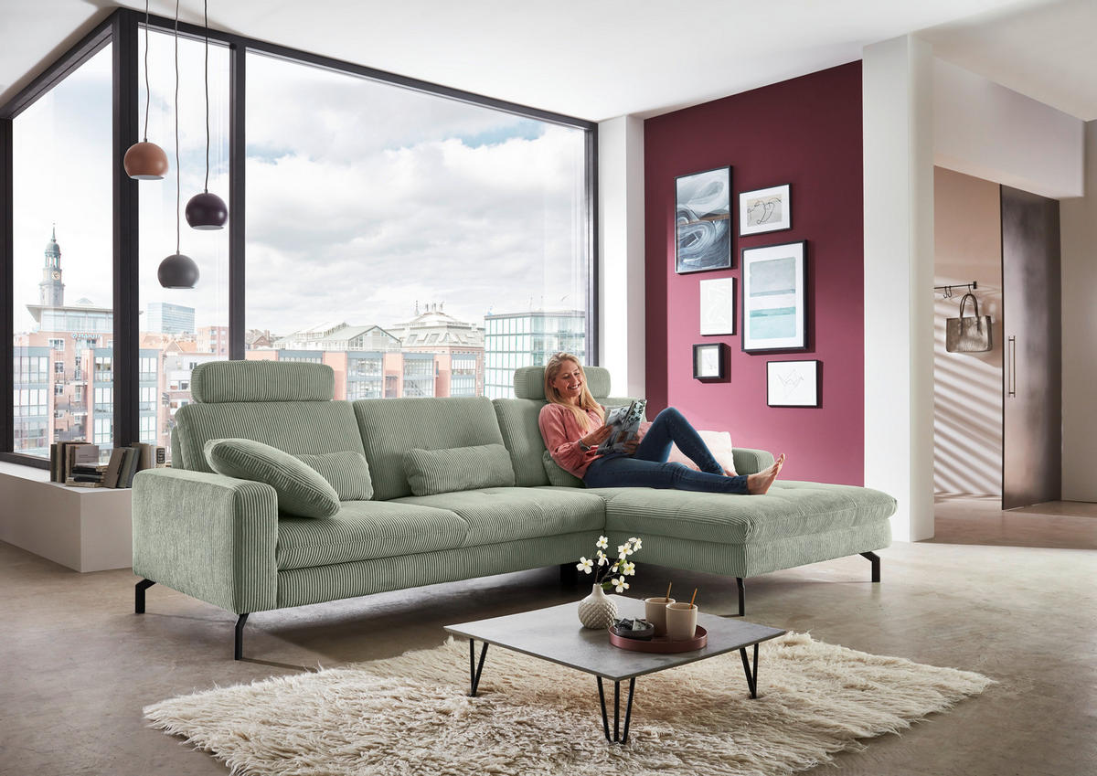 ECKSOFA in Cord Grün  - Schwarz/Grün, Design, Textil/Metall (302/178cm) - Beldomo Style