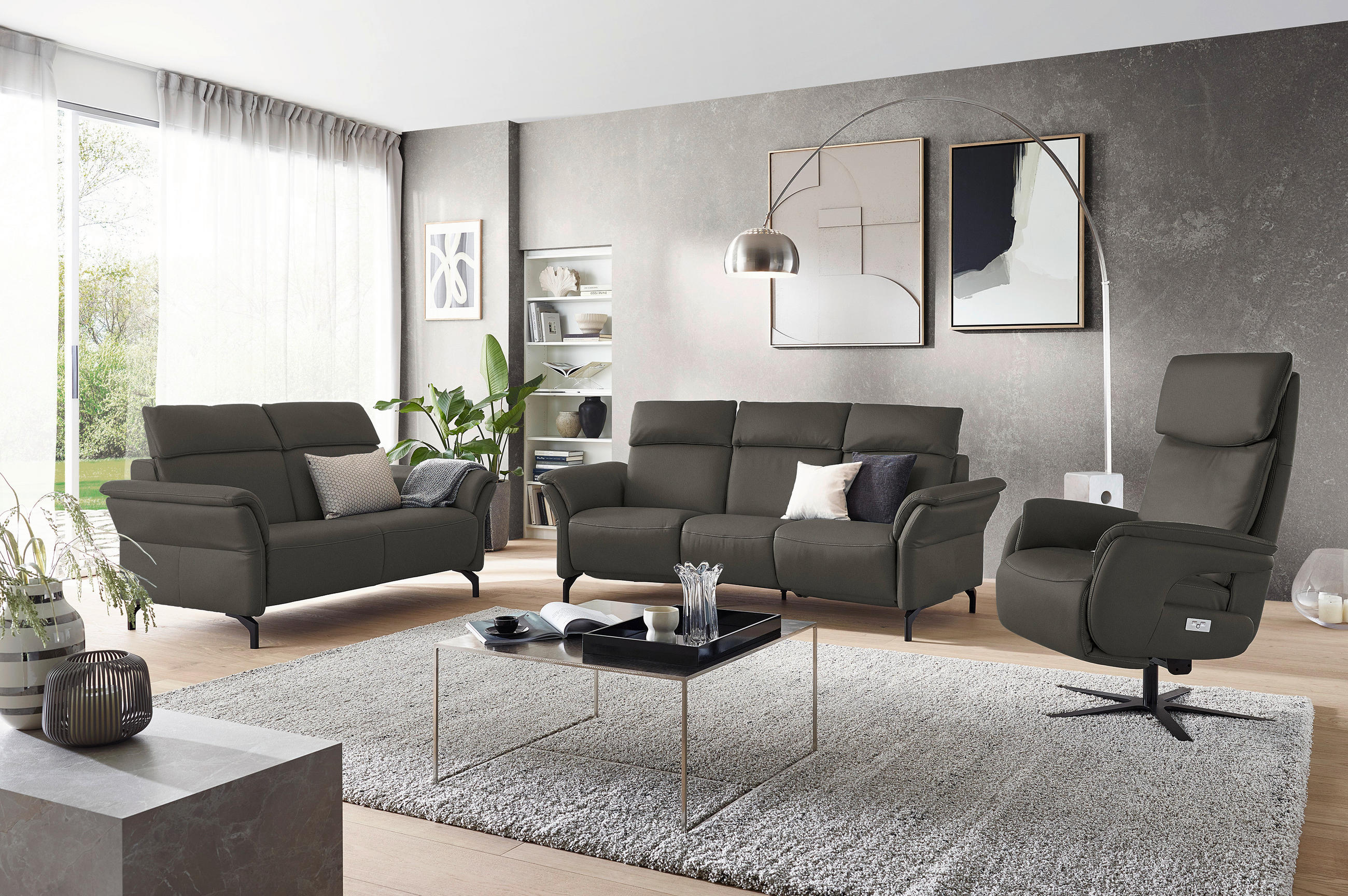 TRAPEZSOFA Echtleder Dunkelgrau  - Dunkelgrau/Schwarz, KONVENTIONELL, Leder/Metall (221/103/95cm) - Dieter Knoll