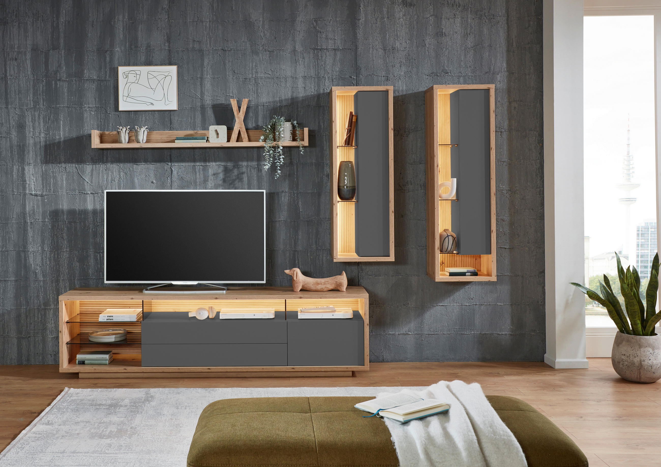 WOHNWAND  in Grau, Eiche Artisan  300/183,6/42 cm  - Eiche Artisan/Grau, Design, Glas/Holzwerkstoff (300/183,6/42cm) - Stylife