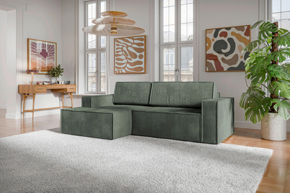 ECKSOFA inkl. Funktionen Dunkelgrün Cord  - Dunkelgrün/Schwarz, MODERN, Kunststoff/Textil (149/245cm) - Stylife