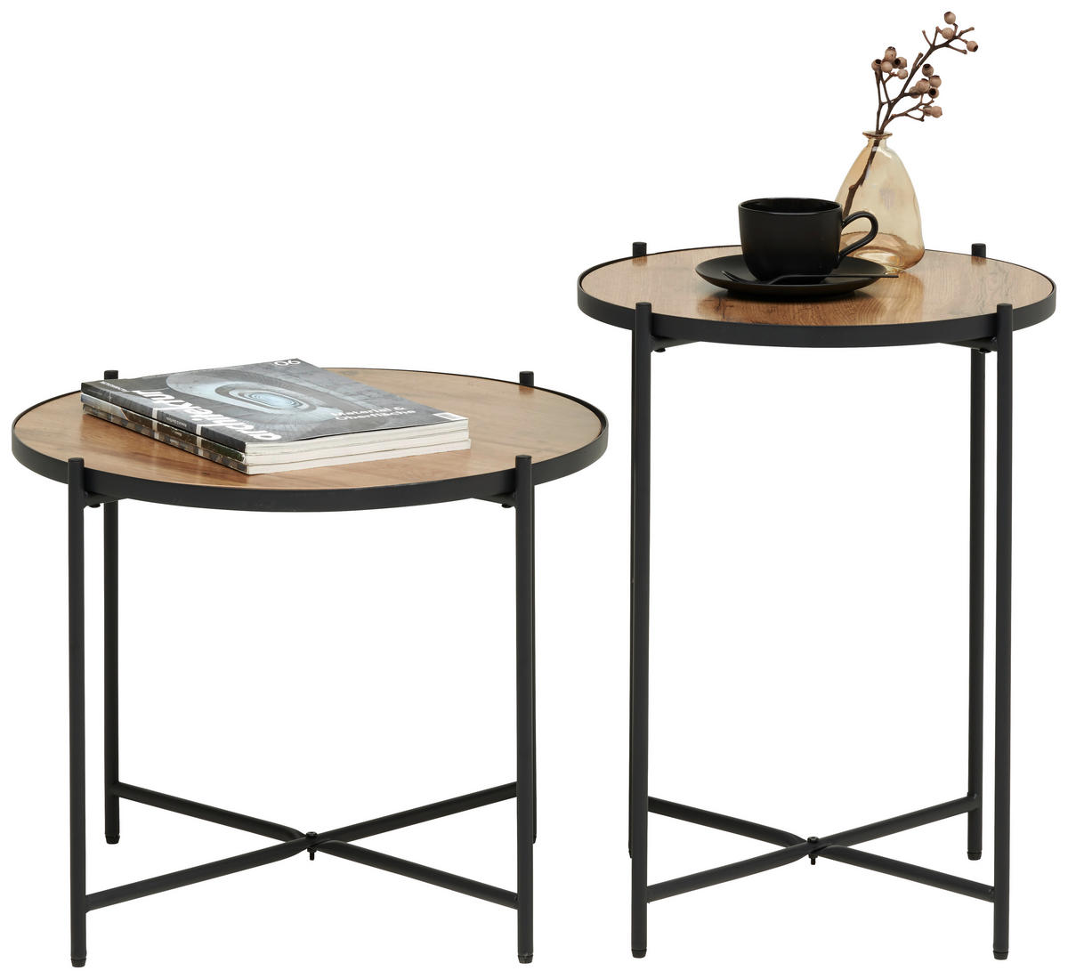 SATZTISCH rund Schwarz, Eichefarben  - Eichefarben/Schwarz, Basics, Holzwerkstoff/Metall (42/43/52cm) - Boxxx