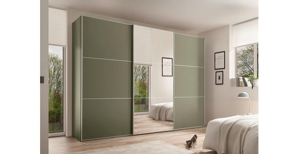 SCHWEBETÜRENSCHRANK  in Salbeigrün  - Salbeigrün/Alufarben, Design, Glas/Holzwerkstoff (280/222/68cm) - Moderano