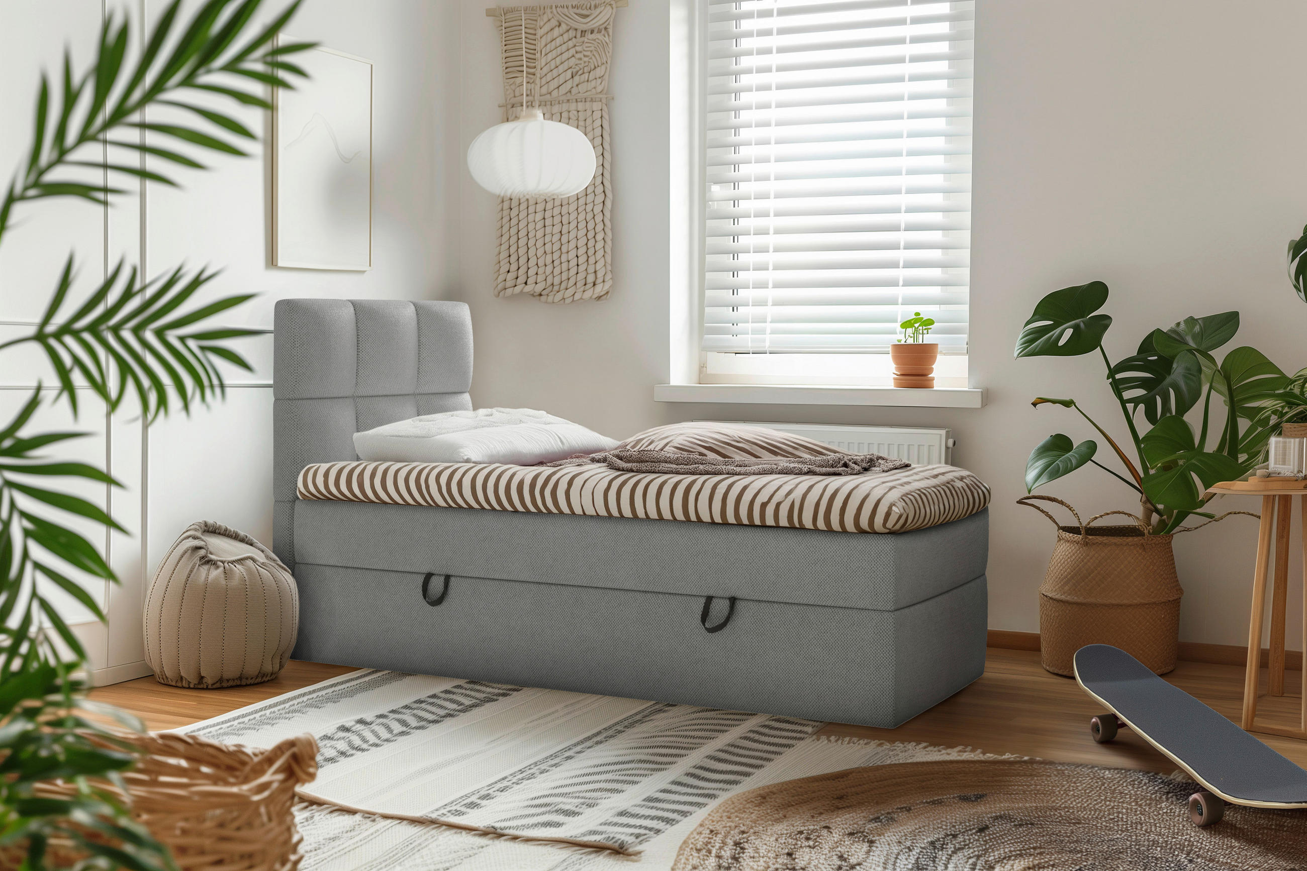 BOXBETT 90/200 cm,  in Dunkelgrau, gepolstertes Kopfteil, Bettkasten, Topper,  - Dunkelgrau/Schwarz, MODERN, Holz/Holzwerkstoff (90/200cm) - MID.YOU