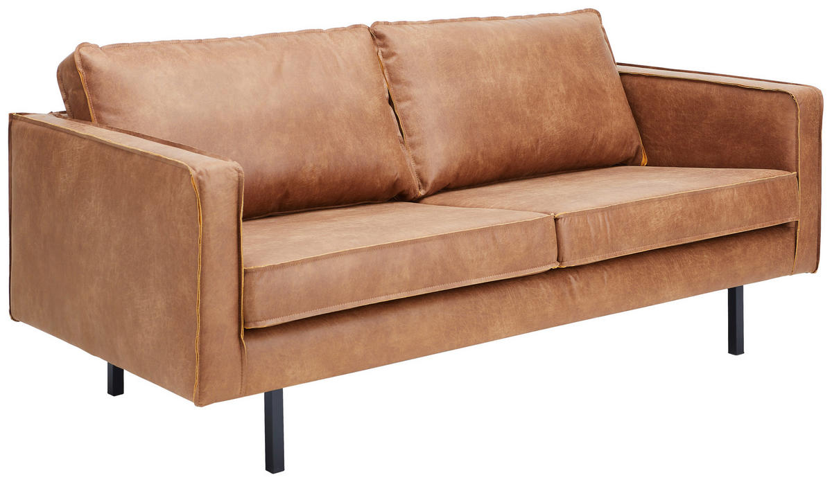 2,5-SITZER Kombination Echtleder/Stoff Mikrofaser Cognac  - Cognac/Schwarz, Design, Leder/Textil (190/85/86cm) - Ambia Home
